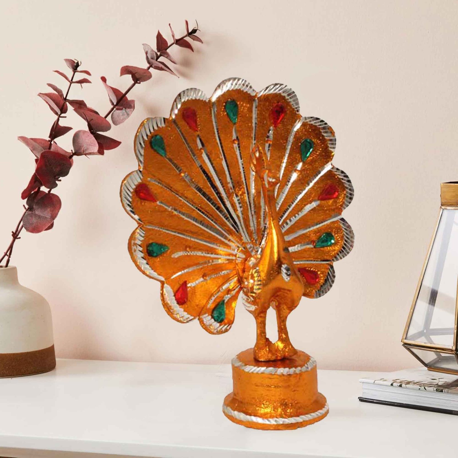 Peacock Showpiece White Metal Diamond cut 20 cm G13GX0103G