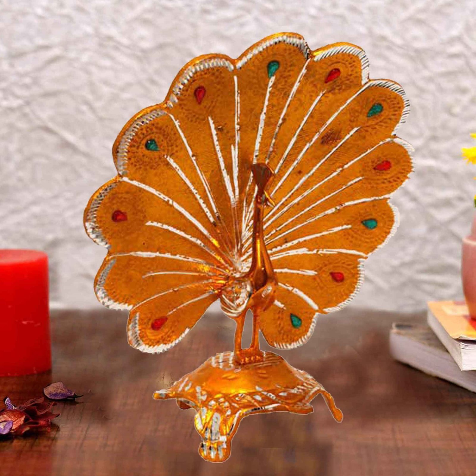 Peacock Statue White Metal Diamond cut 28 cm G13GX0106G