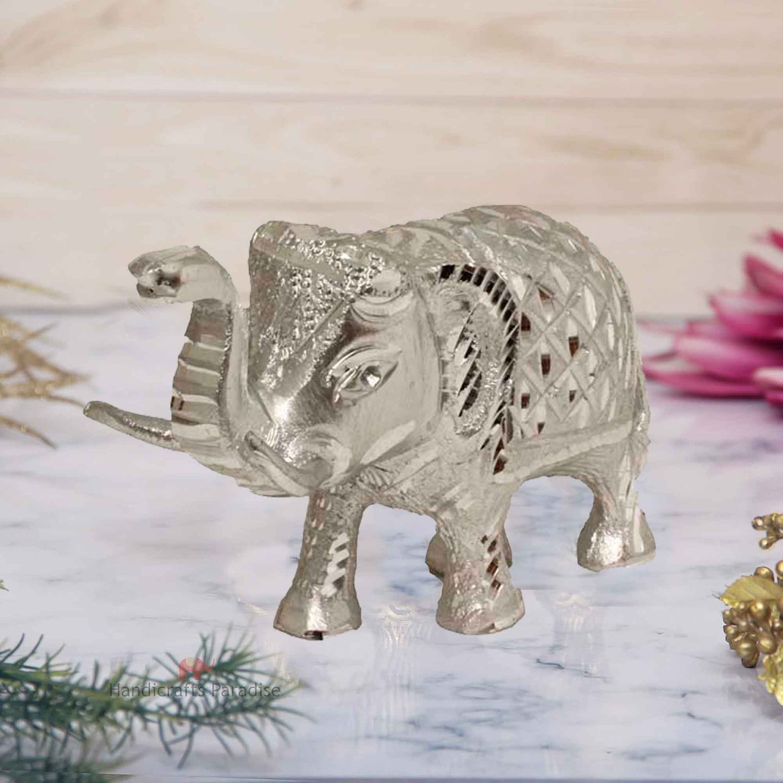 Elephant White Metal Diamond cut statue 9 cm G13GX0107S