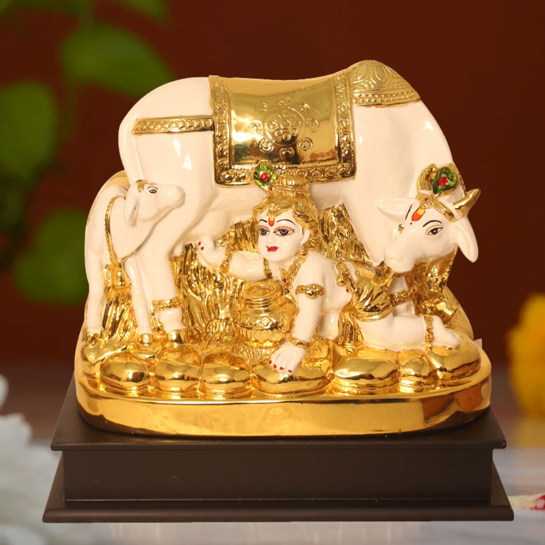 Gold Plated Krihsna and Cow artifacts for tv unit and akshaya tritiya gift 25 cm G23GX0077G