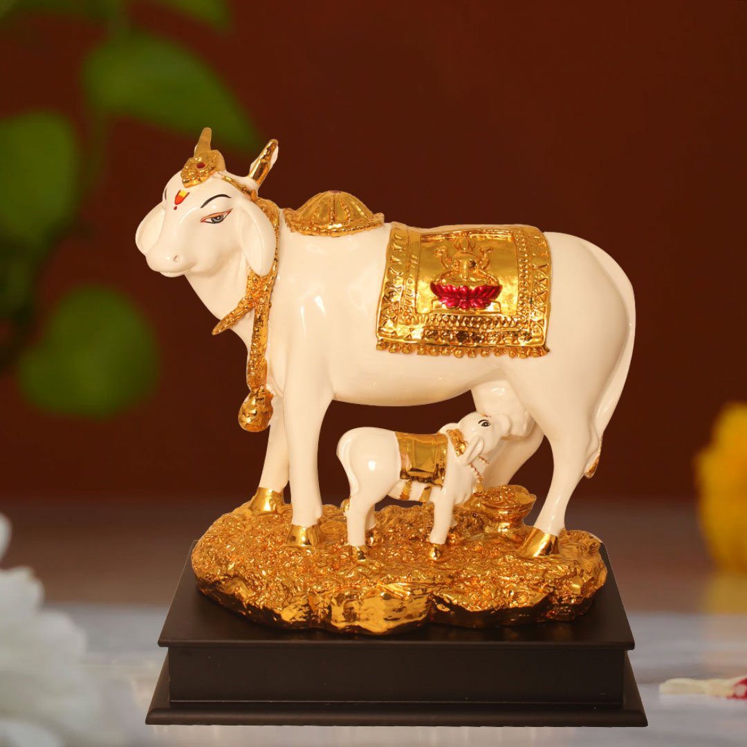 Gold Plated Kamdhenu Cow sculpture for living room and Birthday Gift 30 cm G23GX0088G