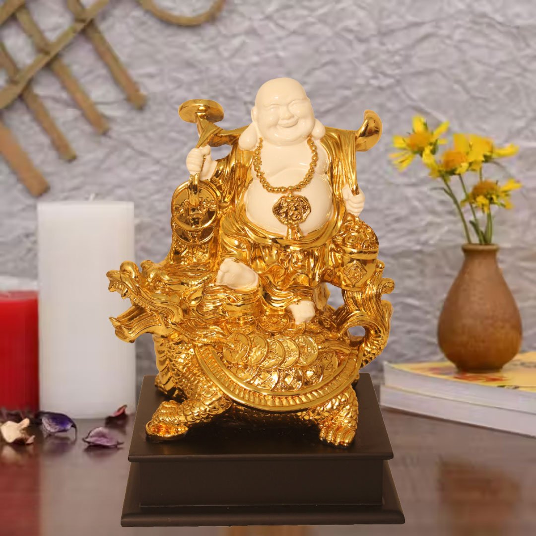 Gold Plated Laughing Buddha on Tortoise gift item for home inauguration 28 cm G23GX0094G