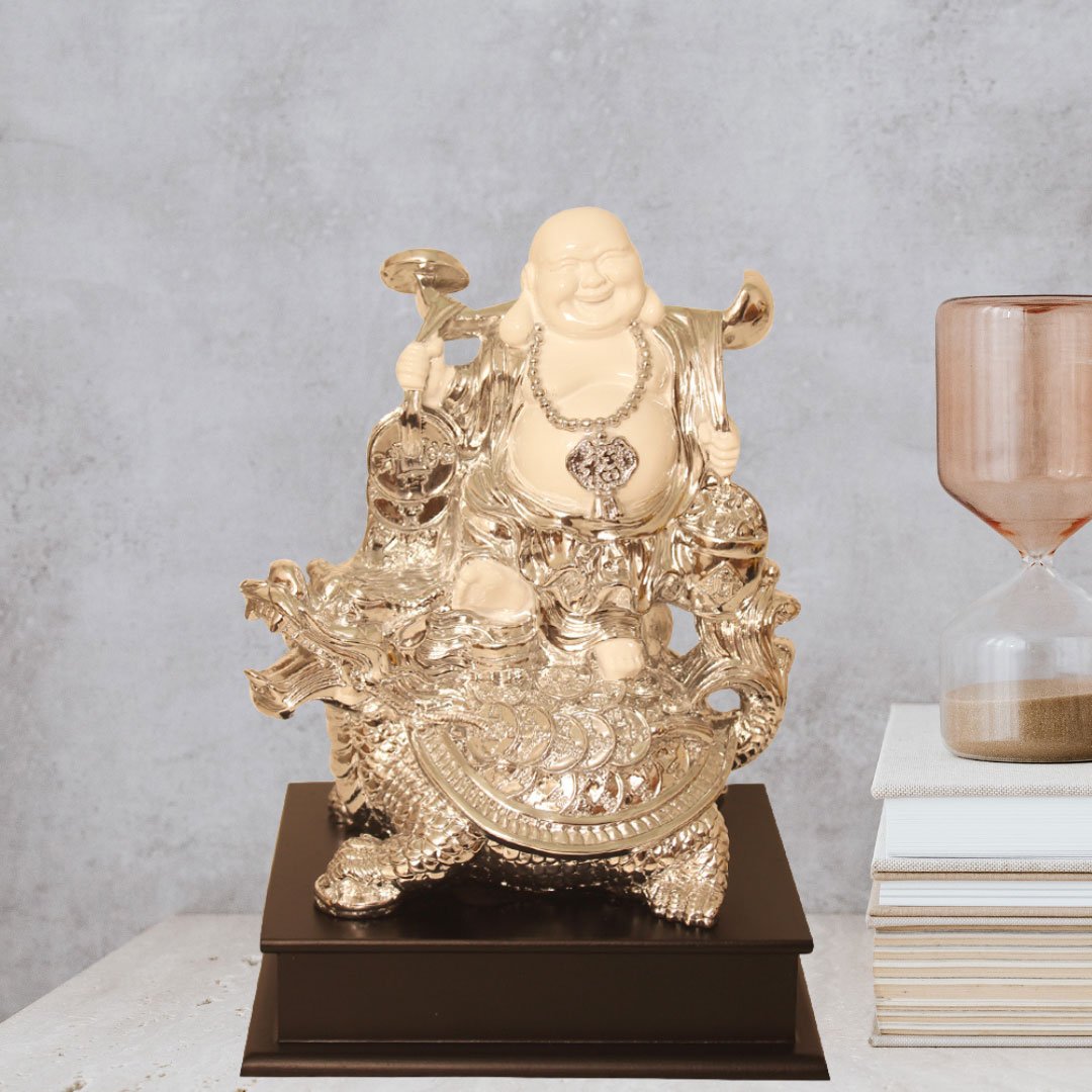 Silver Plated Laughing Buddha on Tortoise showpiece for New Year Gift 28 cm G23GX0094S
