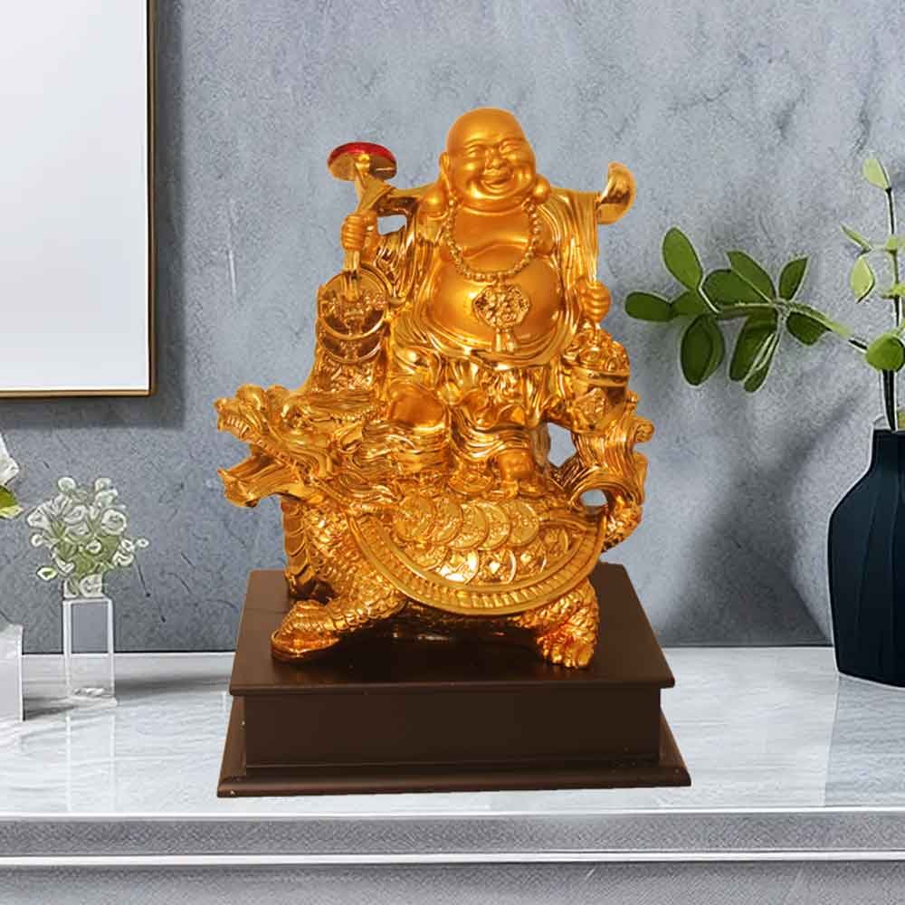 Gold Plated Laughing Buddha on Tortoise statue for birthday gift 28 cm G23GX0094Y