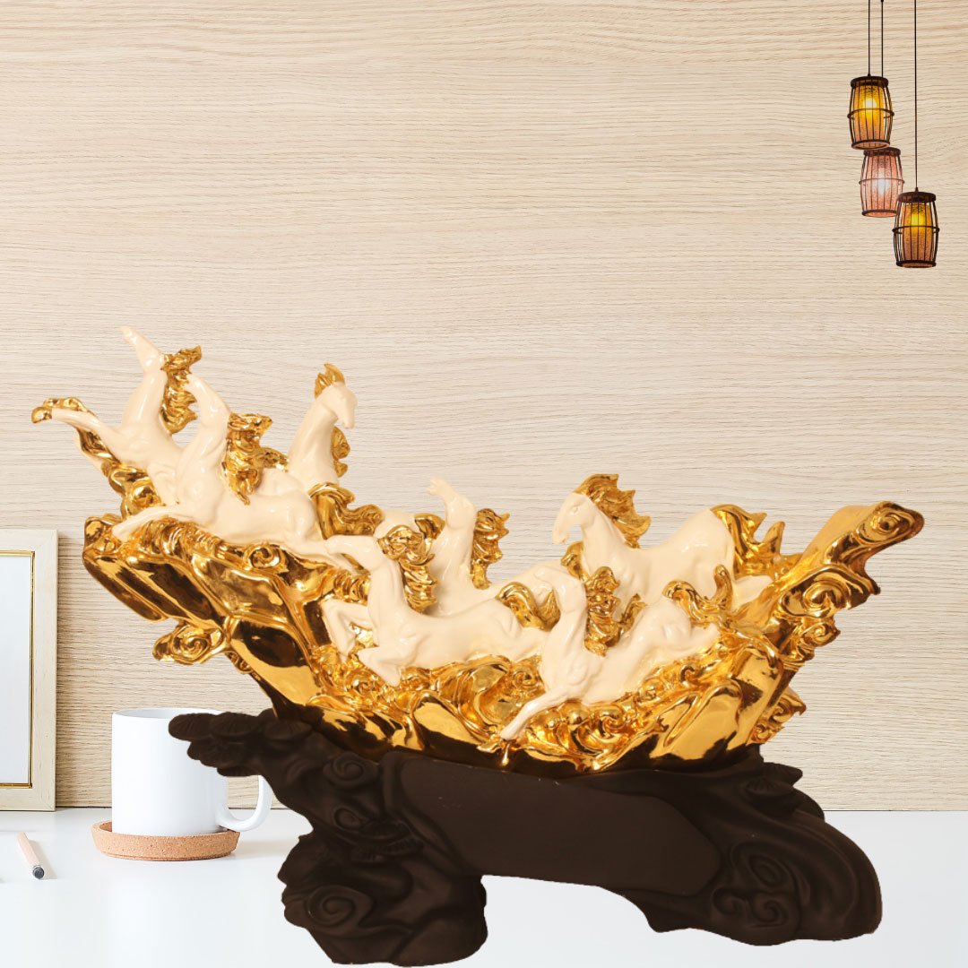 Gold Plated 7 Horse sculpture for tv unit and Corporate Gift 33 cm G23GX0106G