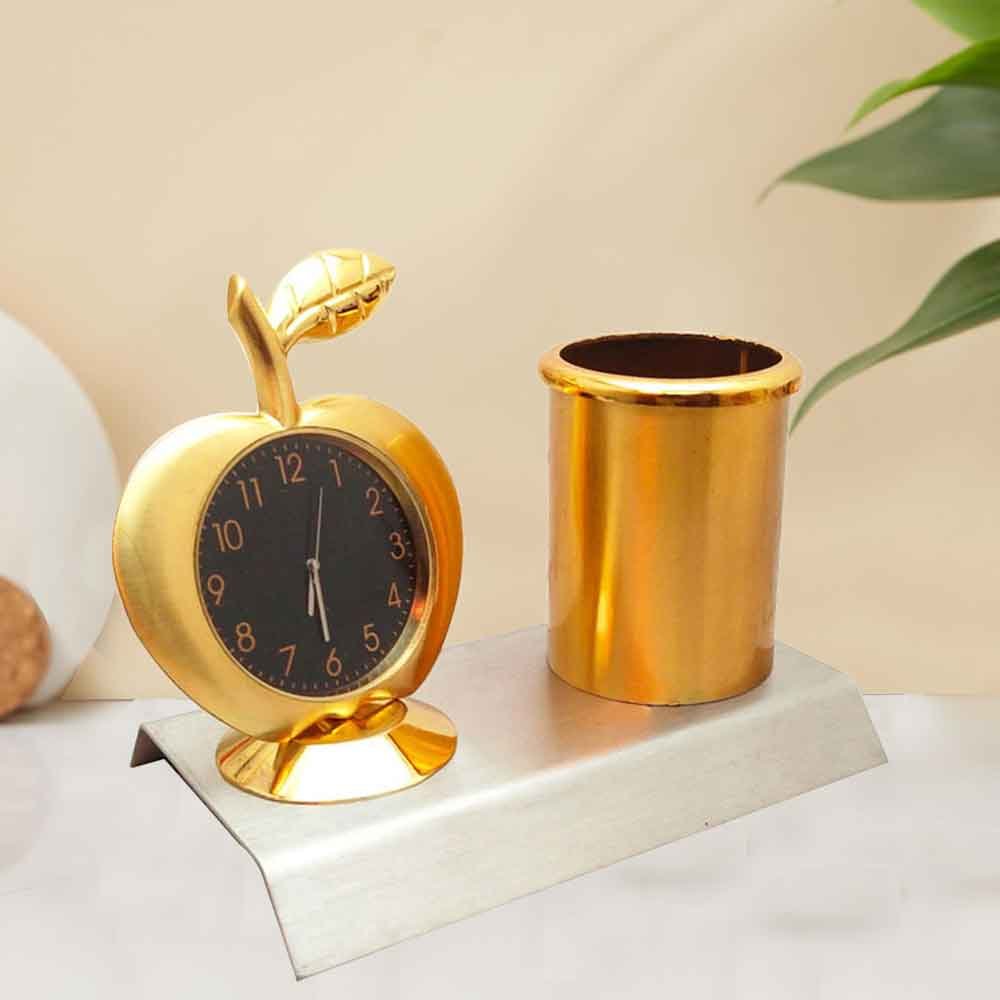 Metallic Pen Stand Apple Shape Table Clock statue for return gift 10 cm G28GX0031G000XHSE