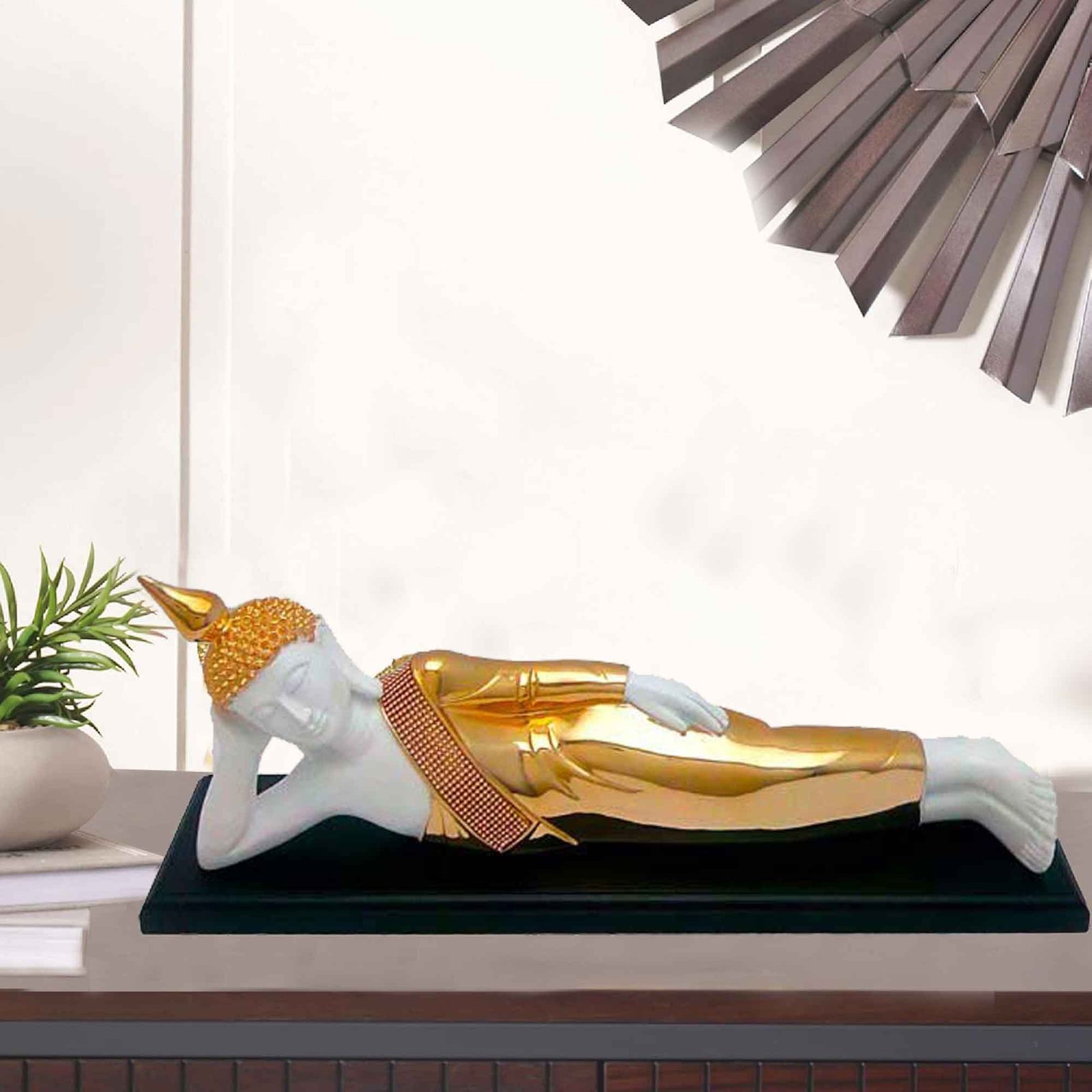 Gold Plated Sleeping Buddha artifacts for office decor and Diwali Gift 24 cm G50GX0016W000TSSS