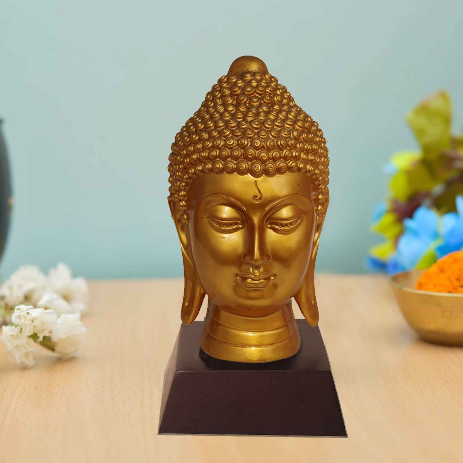 Buddha Head figures for gift Pearl Finish with Wooden Base 19 cm G57GW1059GGSGX