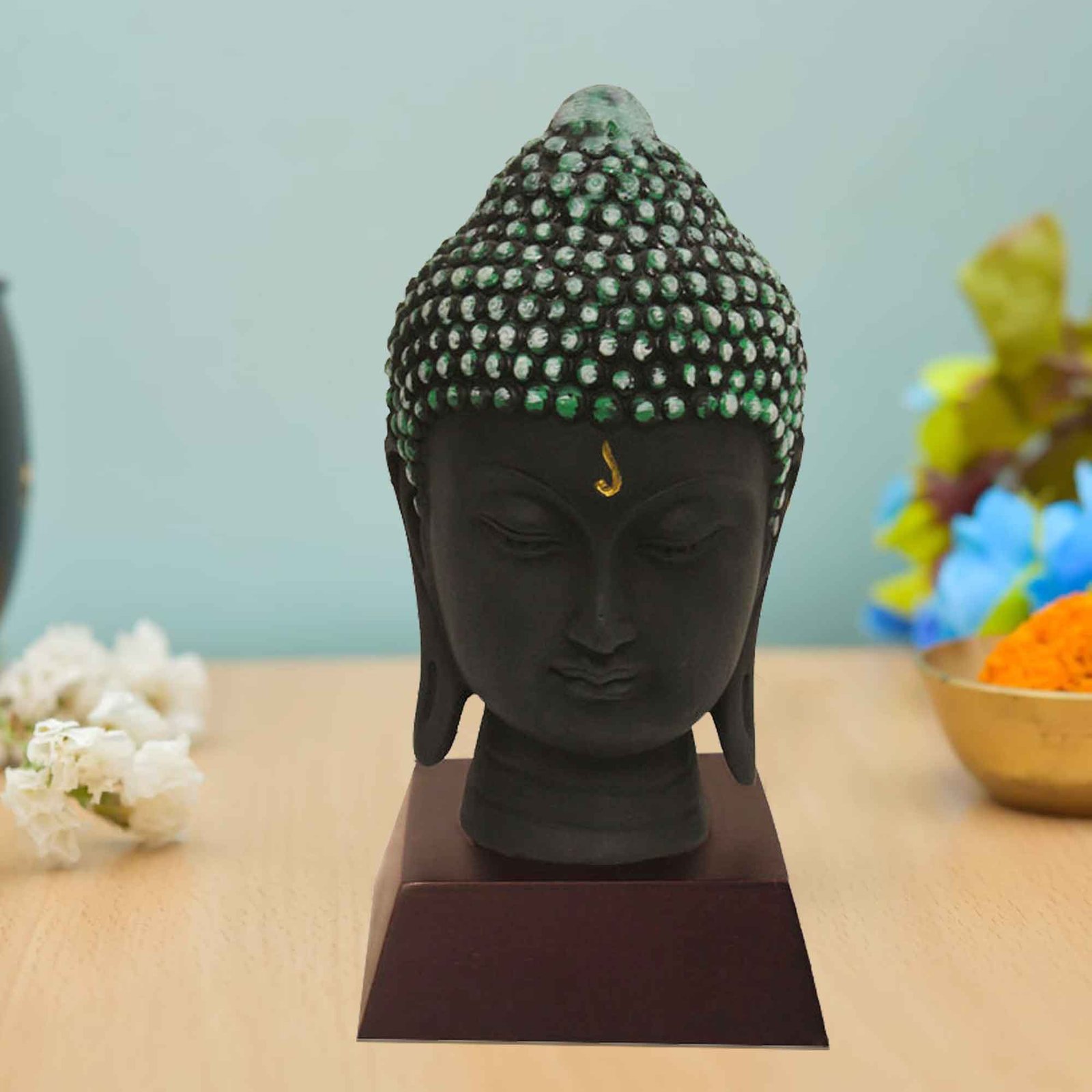 Buddha Head return gift items Multi Look with Wooden Base 19 cm G57GW1059KHMMX