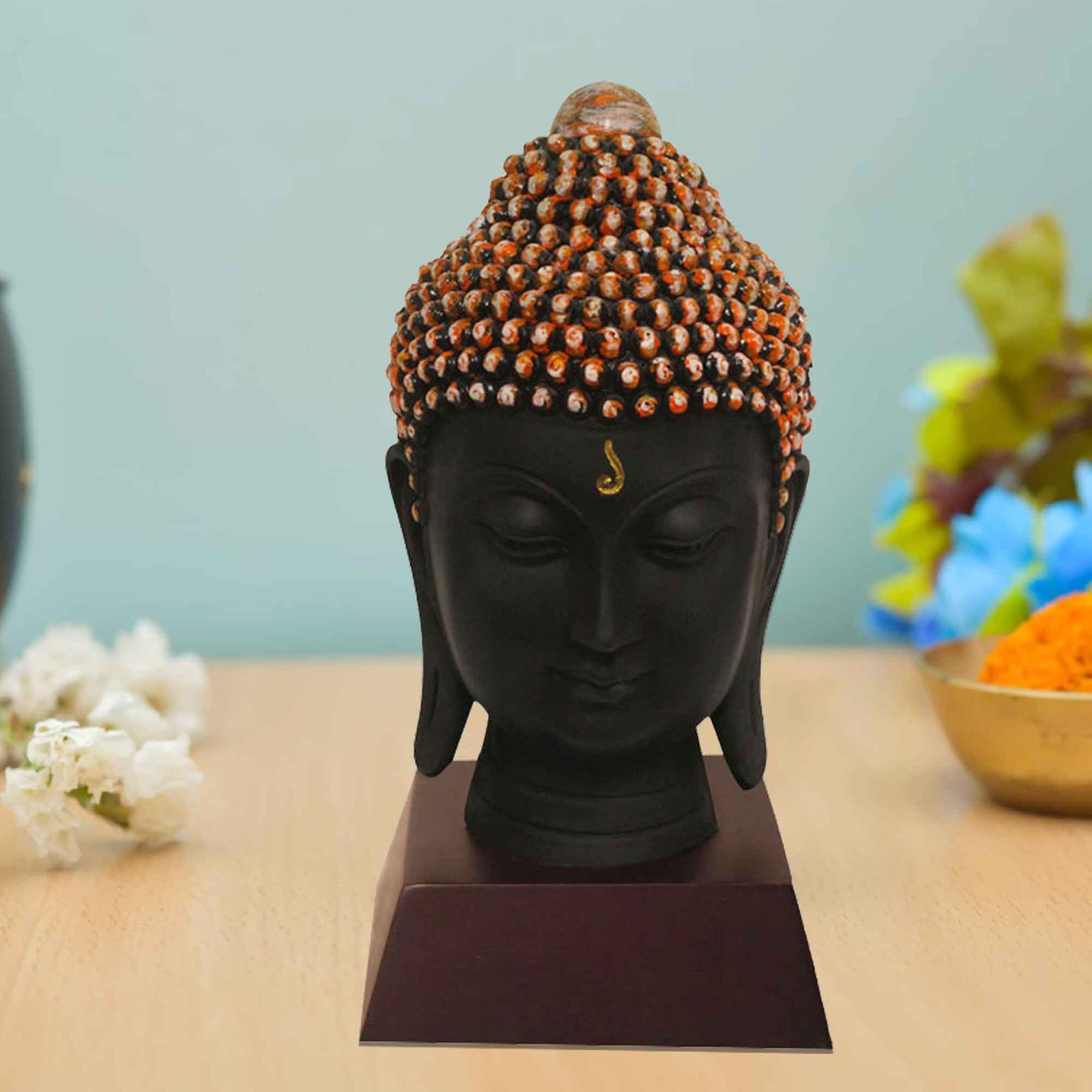 Buddha Head statue for home decoration Multi Look with Wooden Base 19 cm G57GW1059KOMMX