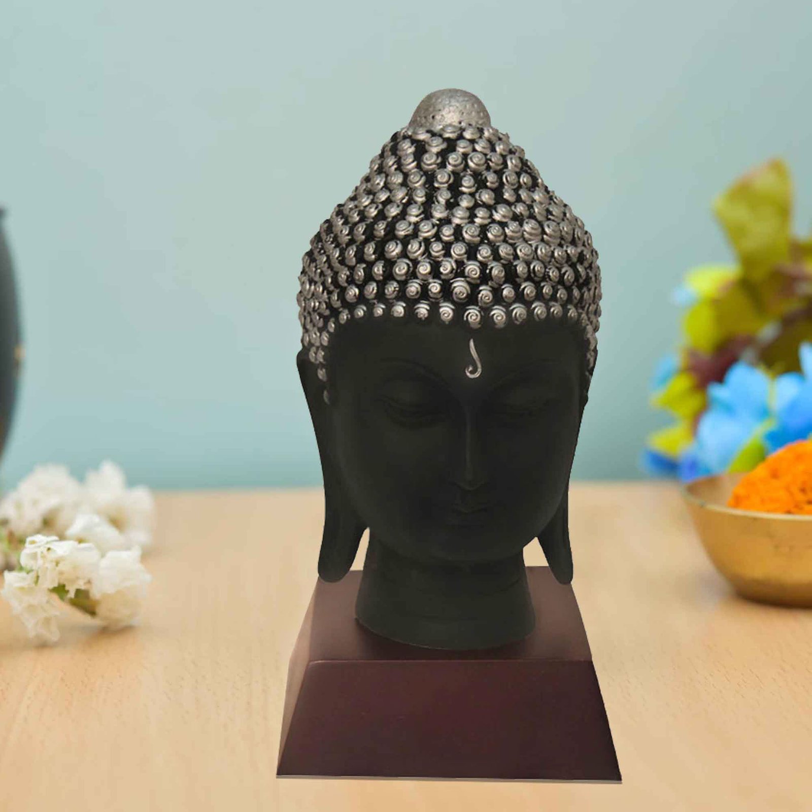 Buddha Head gift items for home decor Matte Finish with Wooden Base 19 cm G57GW1059KSNMX