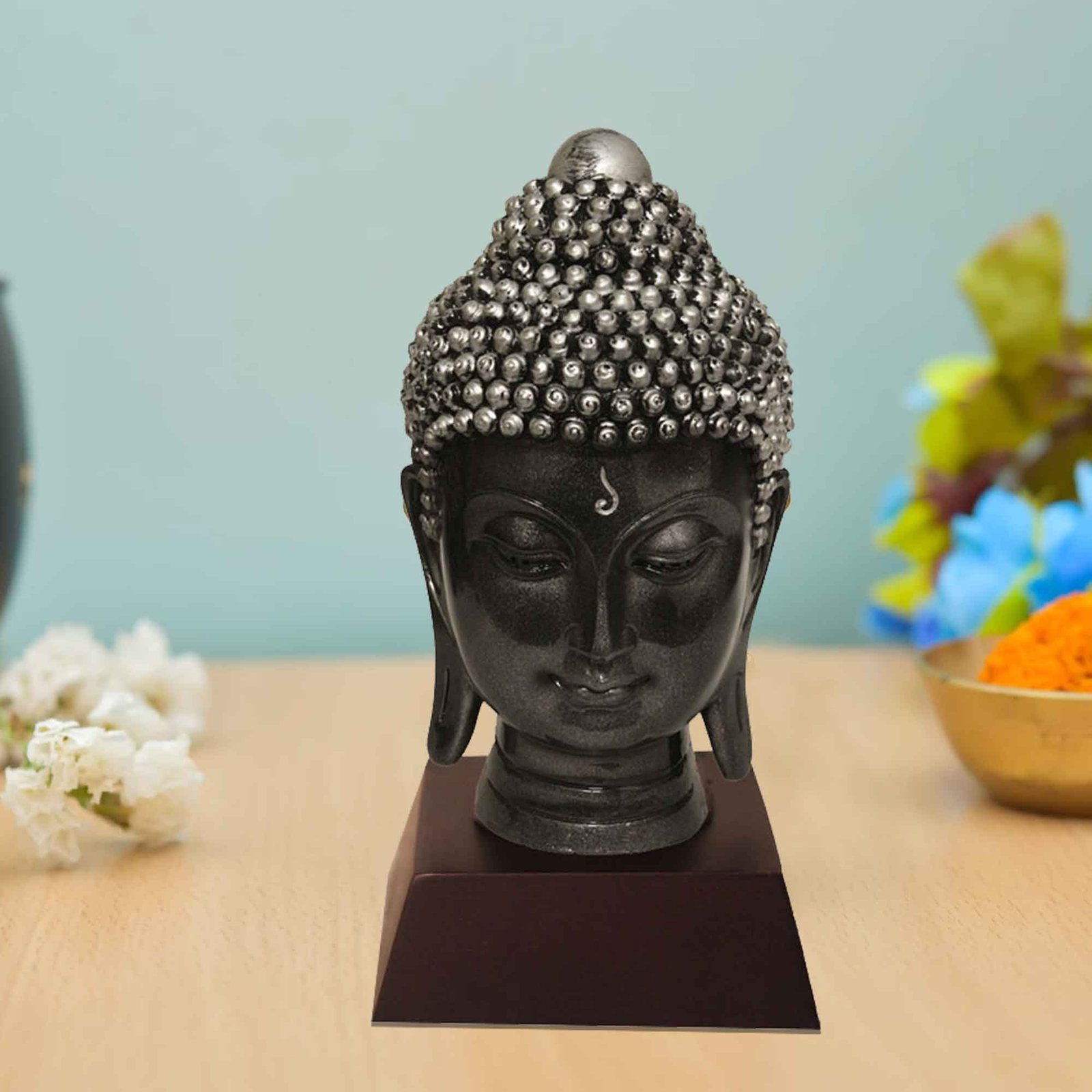 Buddha Head sculpture for bedroom Silver Antique Finish with Wooden Base 19 cm G57GW1059SSAGX