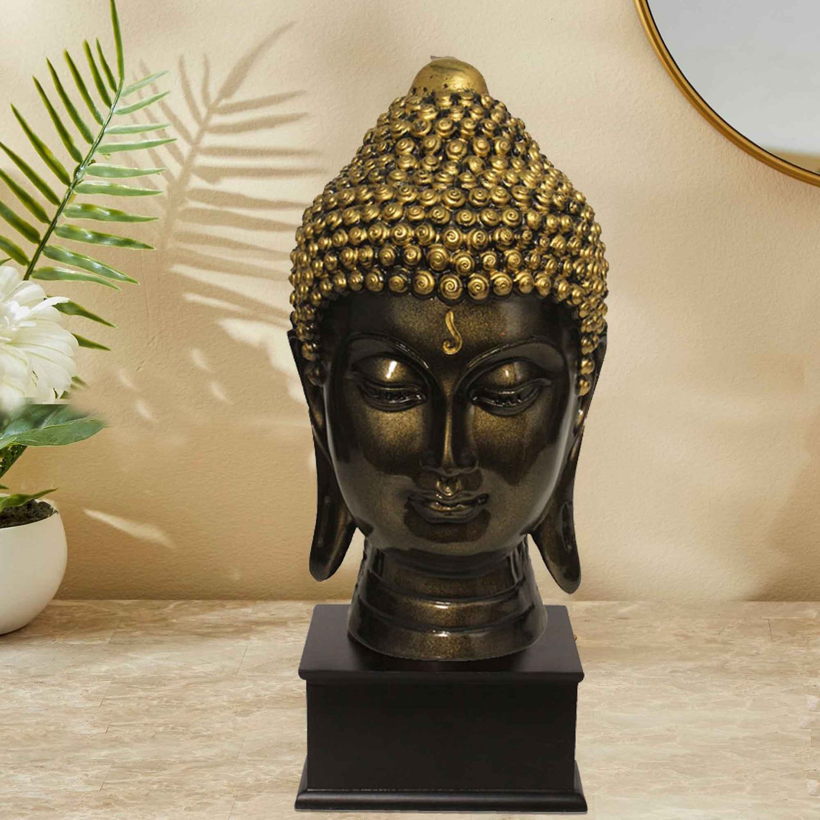 Tabletop Gautam Buddha Face showpiece for home decor Brass Antique Finish with Wooden Base 32 cm G57GW1060BBAGX