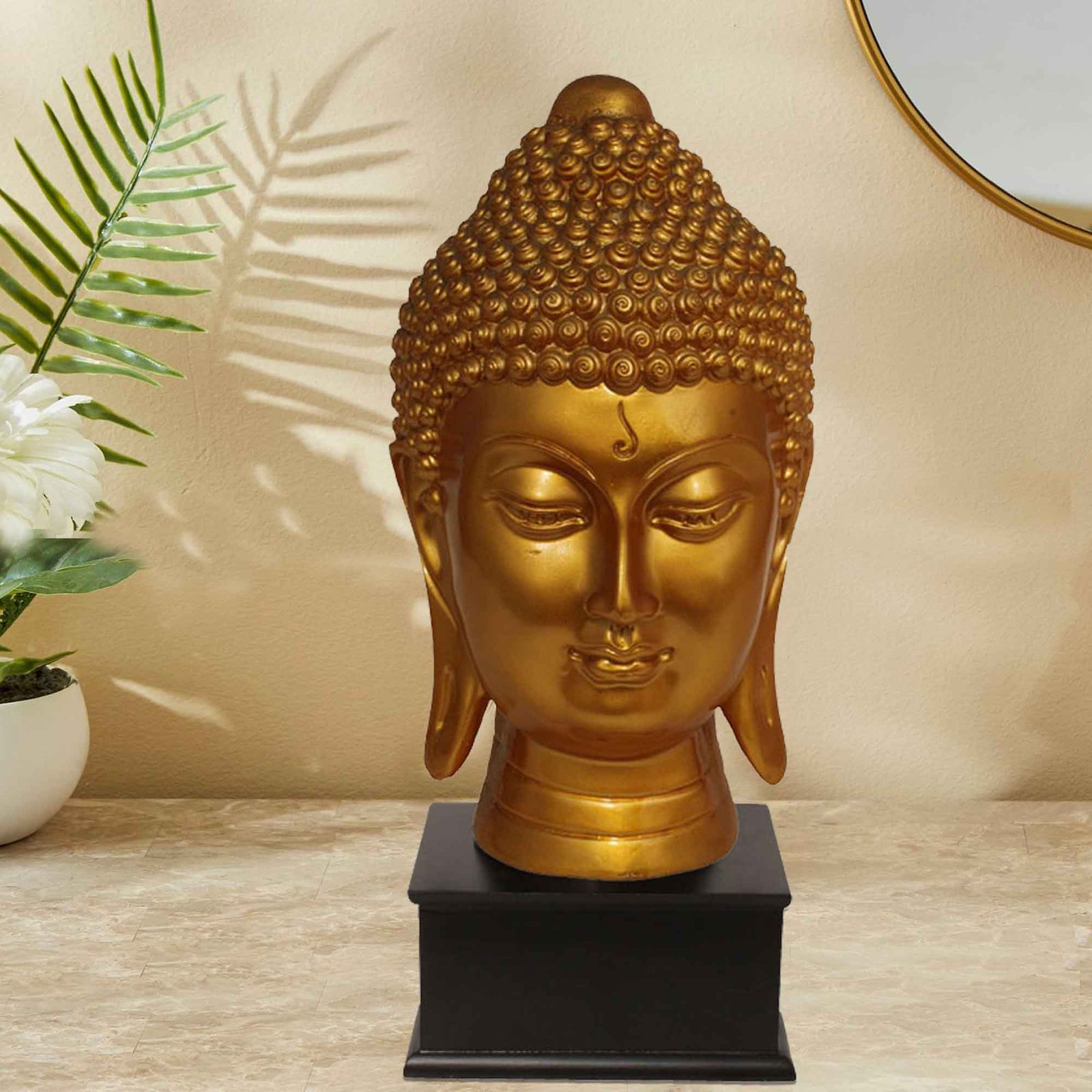Tabletop Gautam Buddha Face statue for tv unit Pearl Finish with Wooden Base 32 cm G57GW1060GGSGX