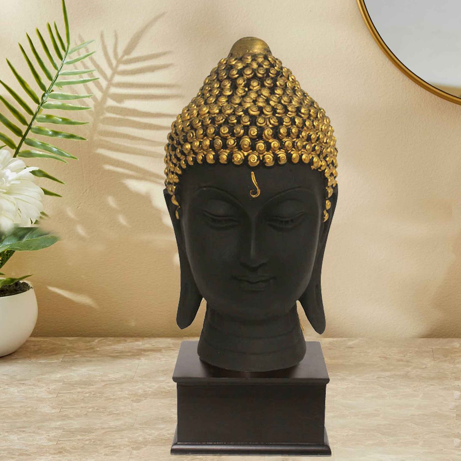 Tabletop Gautam Buddha Face showpiece for tv unit Matte Finish with Wooden Base 32 cm G57GW1060KBNMX