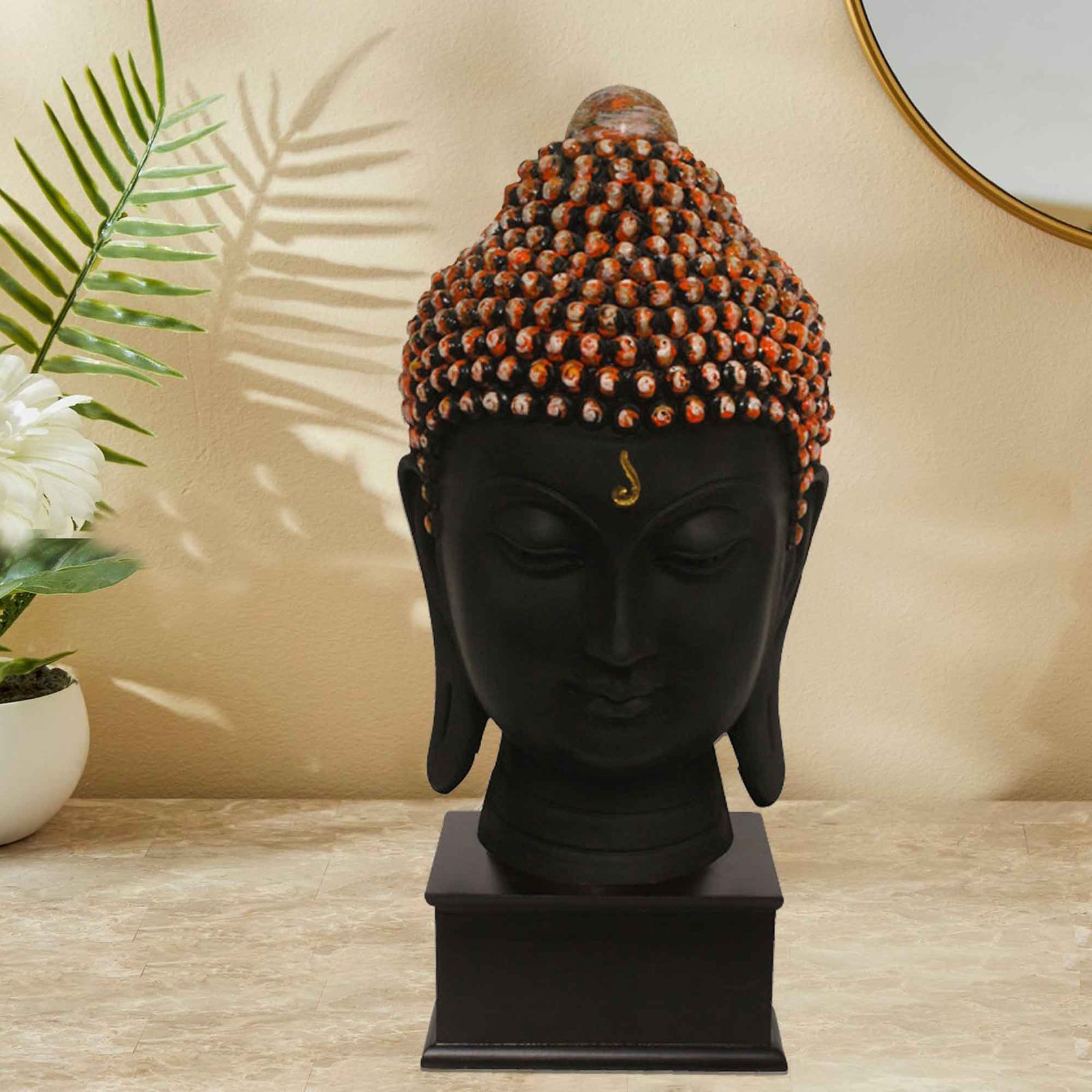 Tabletop Gautam Buddha Face idols for home Multi Look with Wooden Base 32 cm G57GW1060KOMMX