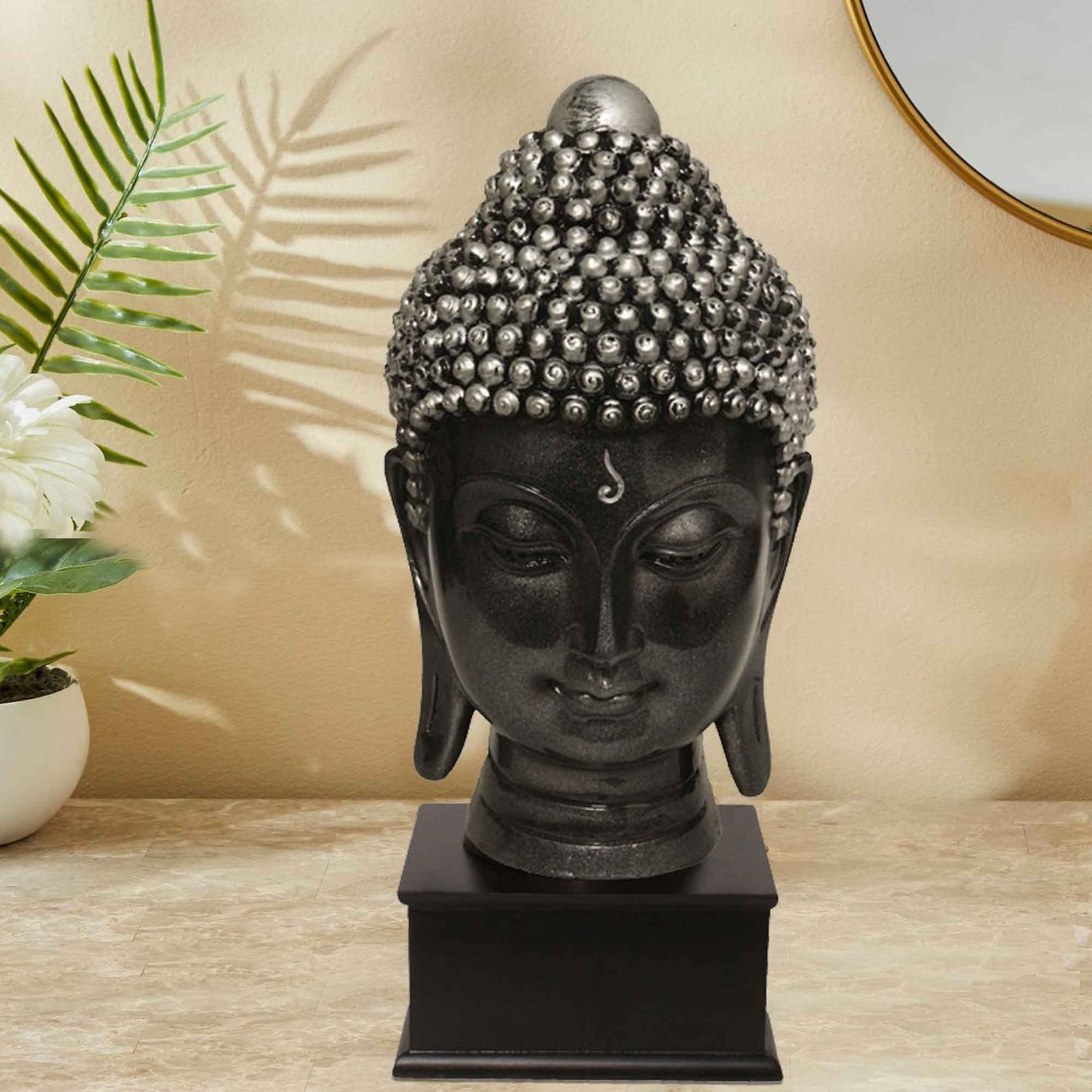 Tabletop Gautam Buddha Face showpiece for home decor living room Silver Antique Finish with Wooden Base 32 cm G57GW1060SSAGX