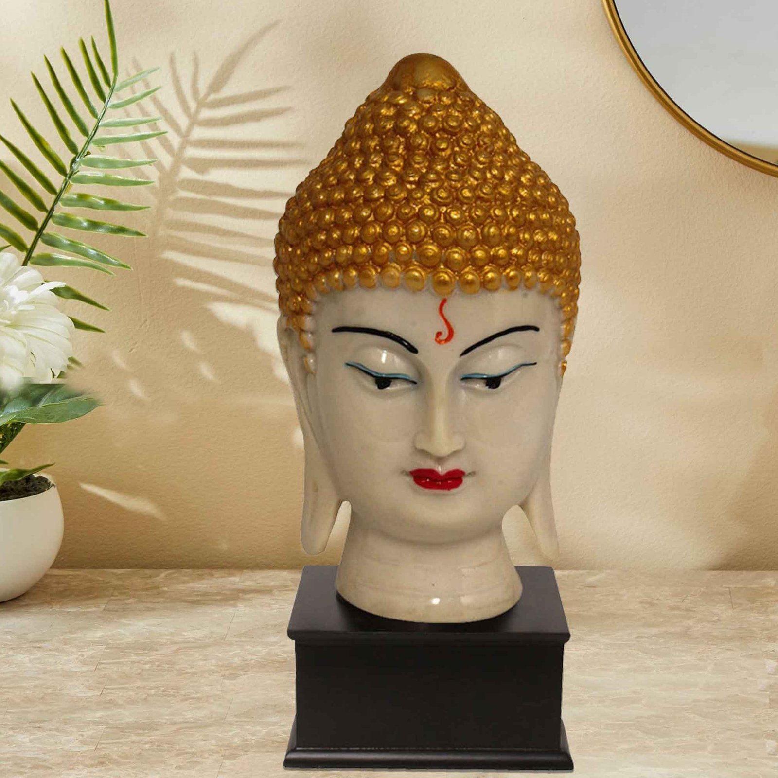 Tabletop Gautam Buddha Face statue for living room Marble Look with Wooden Base 32 cm G57GW1060WGCGX