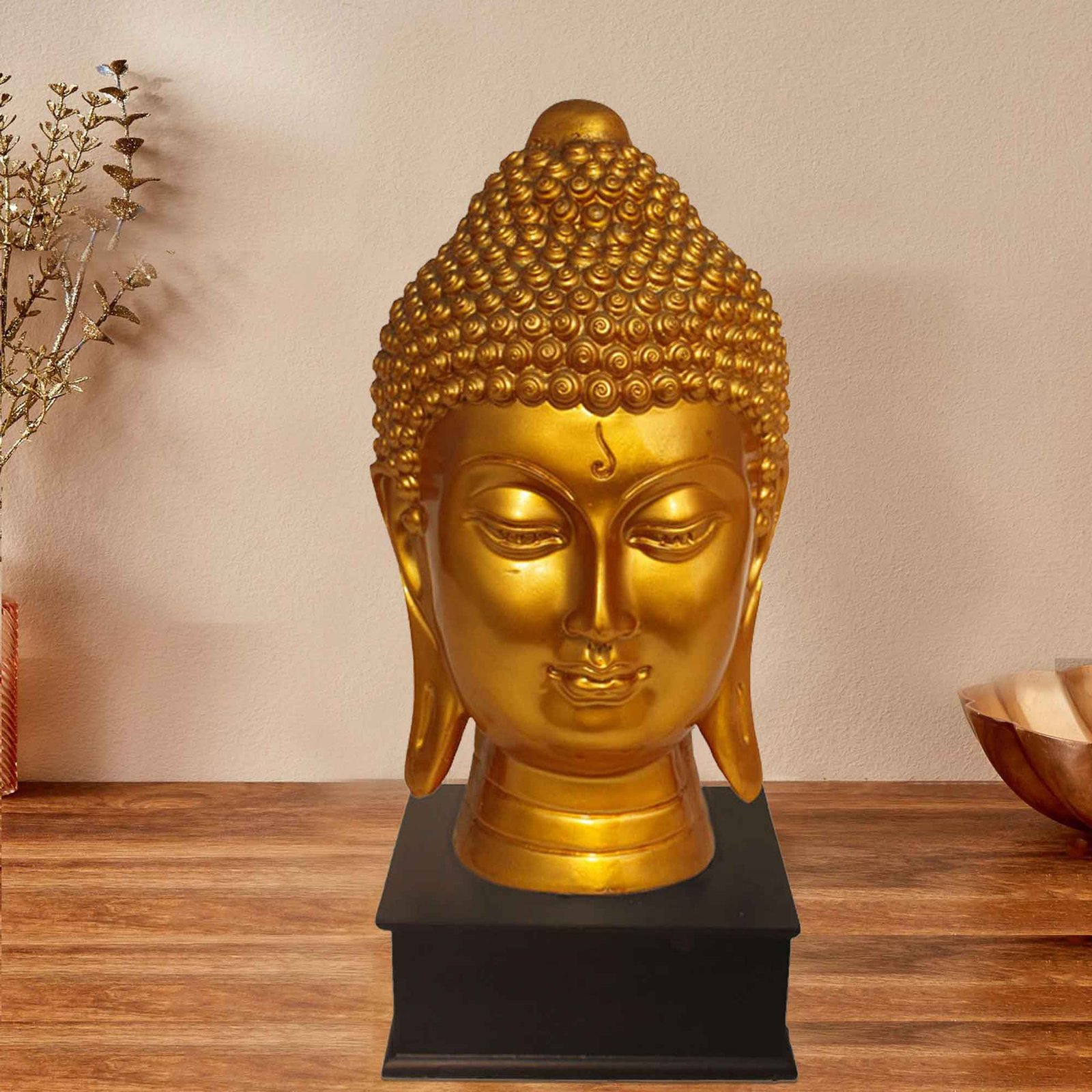 Polyresin Buddha Face murti for living room Pearl Finish with Wooden Base 37 cm G57GW1061GGSGX