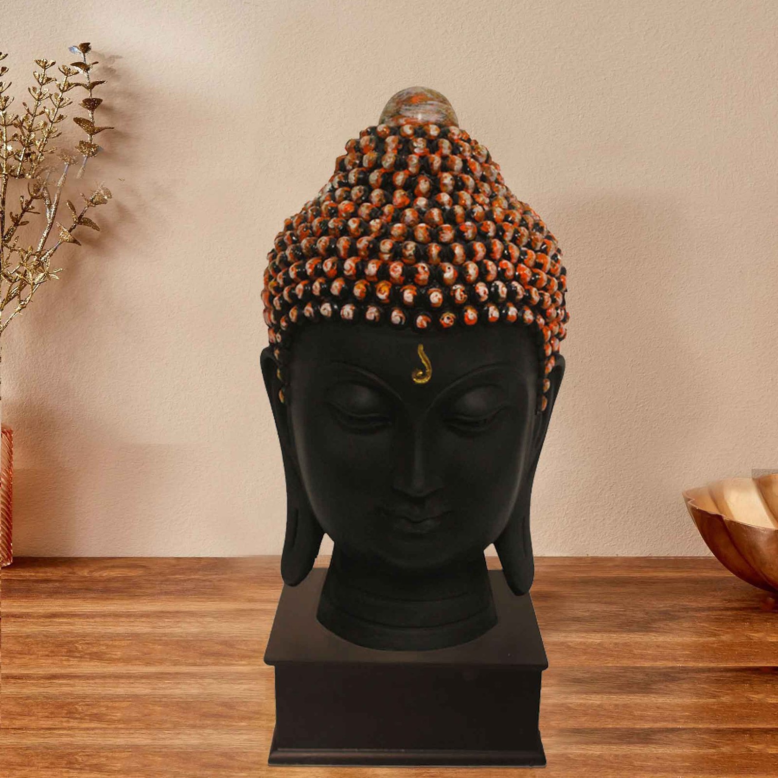 Polyresin Buddha Face gift items for home inaugration Multi Look with Wooden Base 37 cm G57GW1061KOMMX