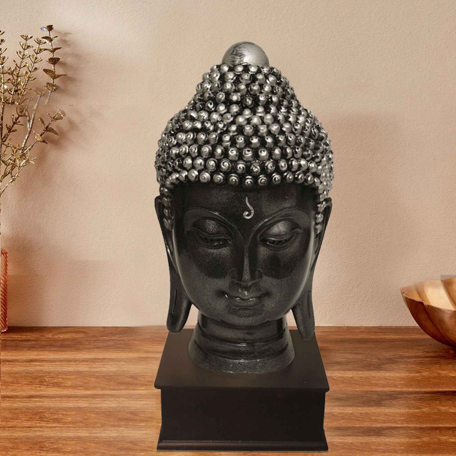 Polyresin Buddha Face figures for home decor Silver Antique Finish with Wooden Base 37 cm G57GW1061SSAGX