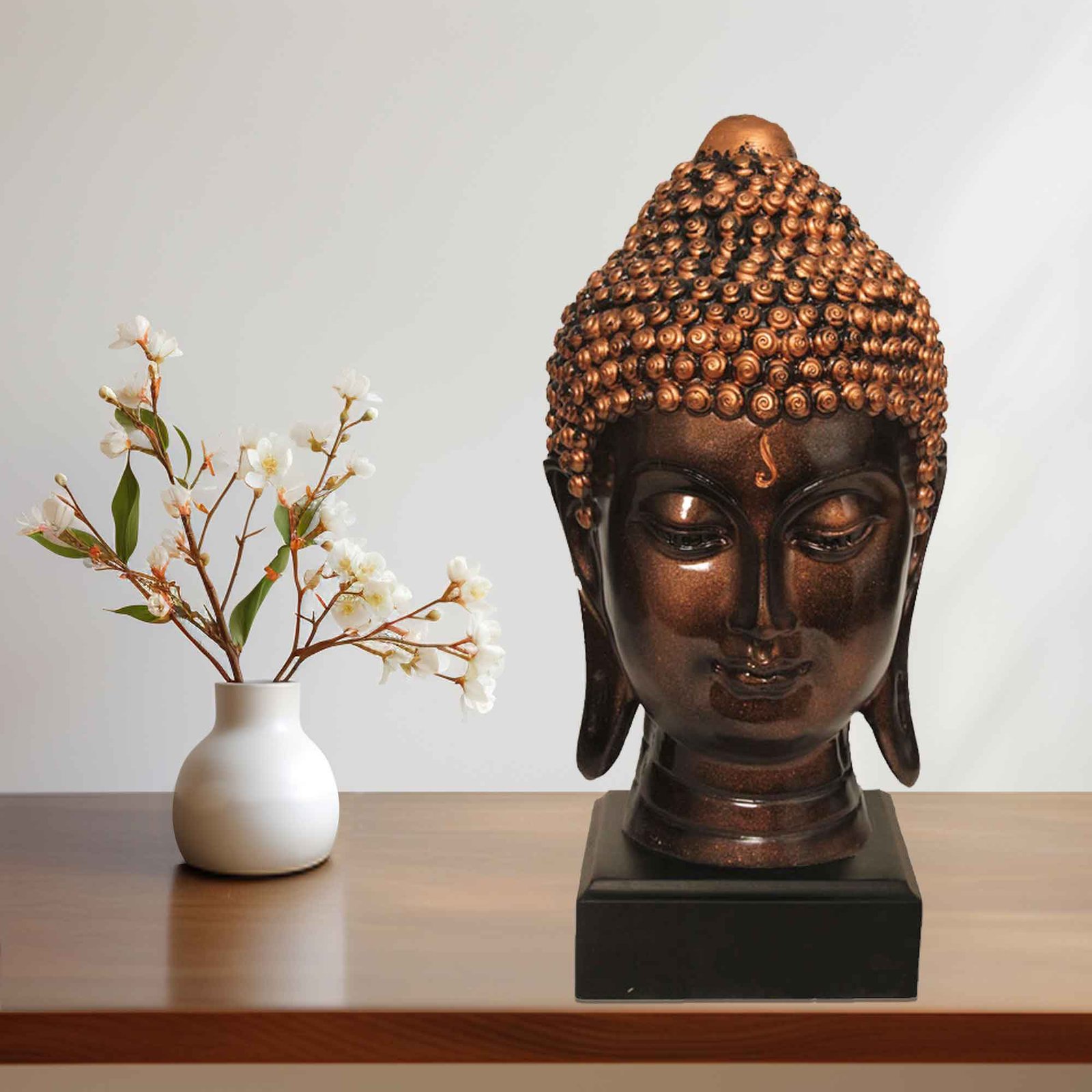 Gautam Buddha Face artifacts for office decor Copper Antique Finish with Wooden Base 24 cm G57GW1062CCAGX