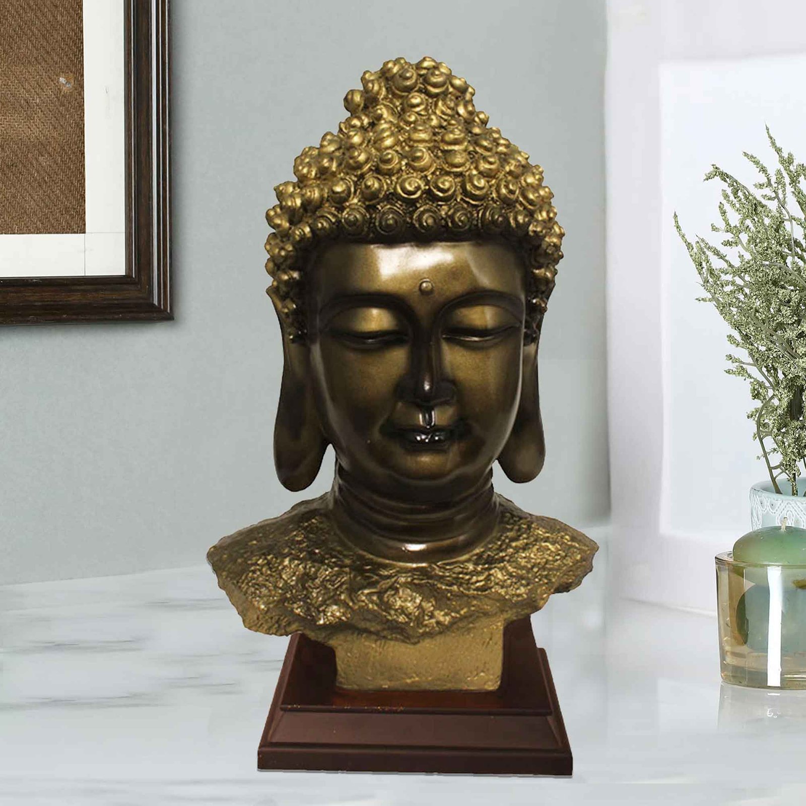 Buddha Bust murti for home decoration Brass Antique Finish with Wooden Base 44 cm G57GW1063BBAGX