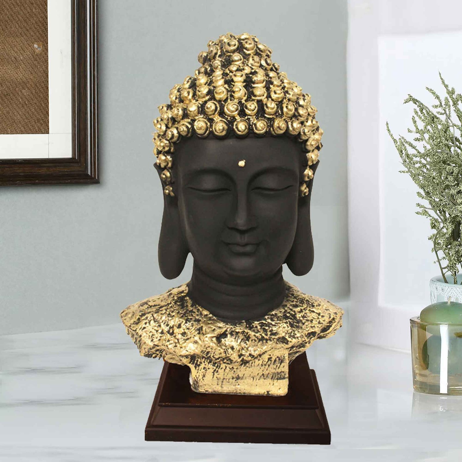 Buddha Bust murti for gift Matte Finish with Wooden Base 44 cm G57GW1063KBNMX