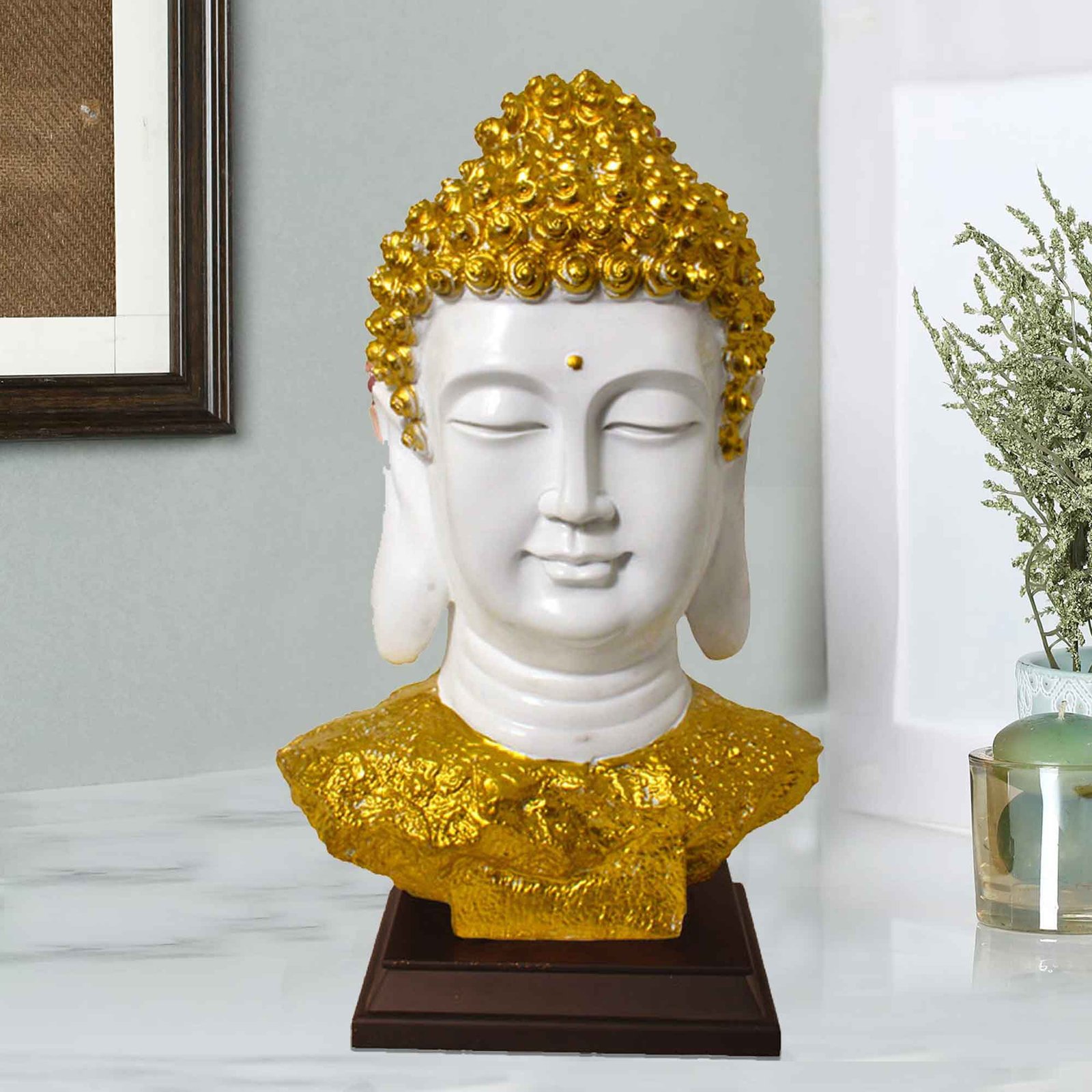 Buddha Bust artifacts for tv unit Gloss Finish with Wooden Base 44 cm G57GW1063WGNGX