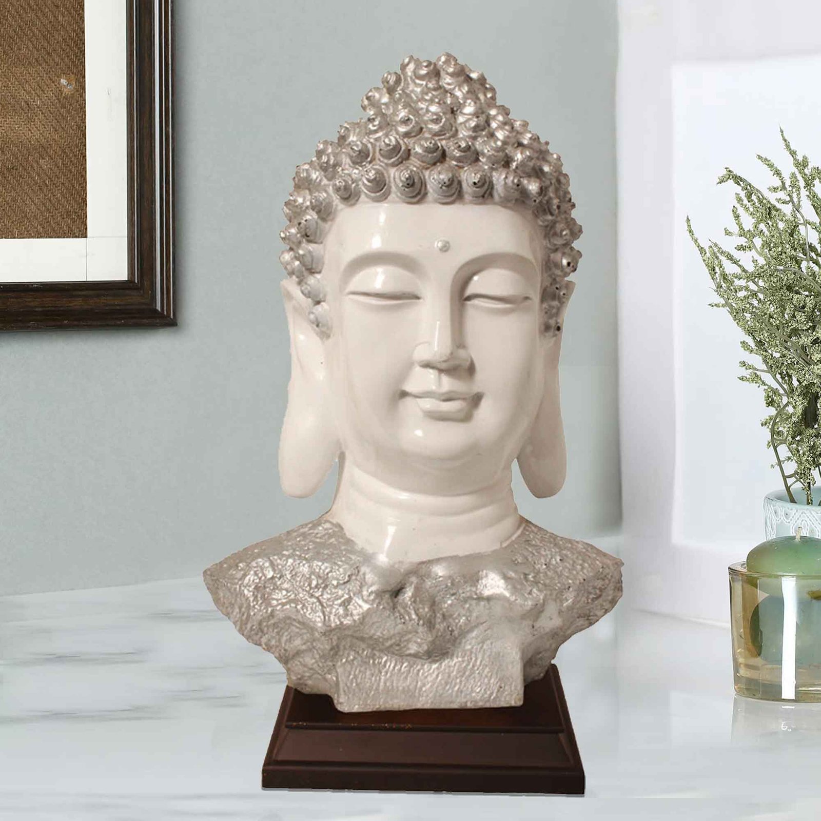 Buddha Bust statue for home decoration Gloss Finish with Wooden Base 44 cm G57GW1063WSLGX