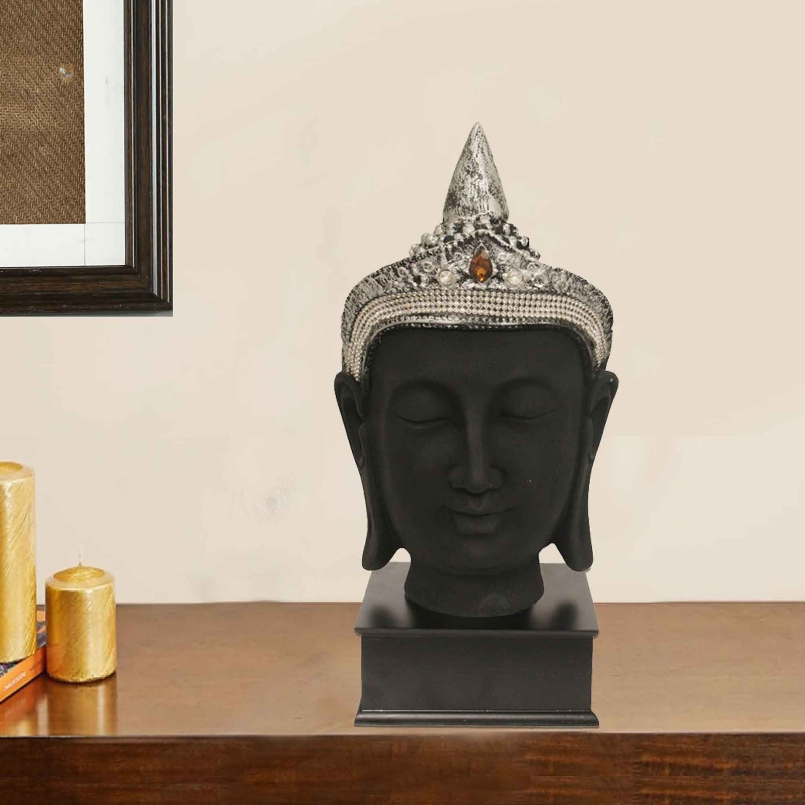 Taj Buddha Face showpiece for home decor living room Jewellery Decorated with Wooden Base 37 cm G57GW1065KSGMZ