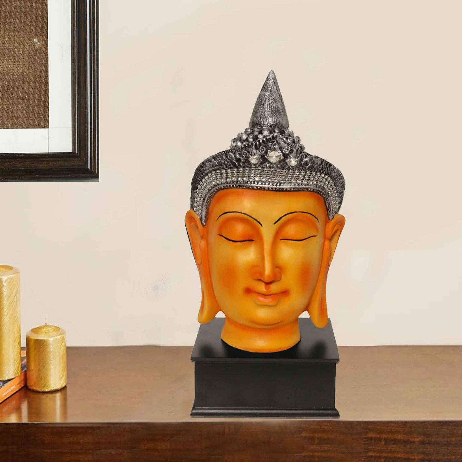 Taj Buddha Face statue for living room Jewellery Decorated with Wooden Base 37 cm G57GW1065VSLMZ