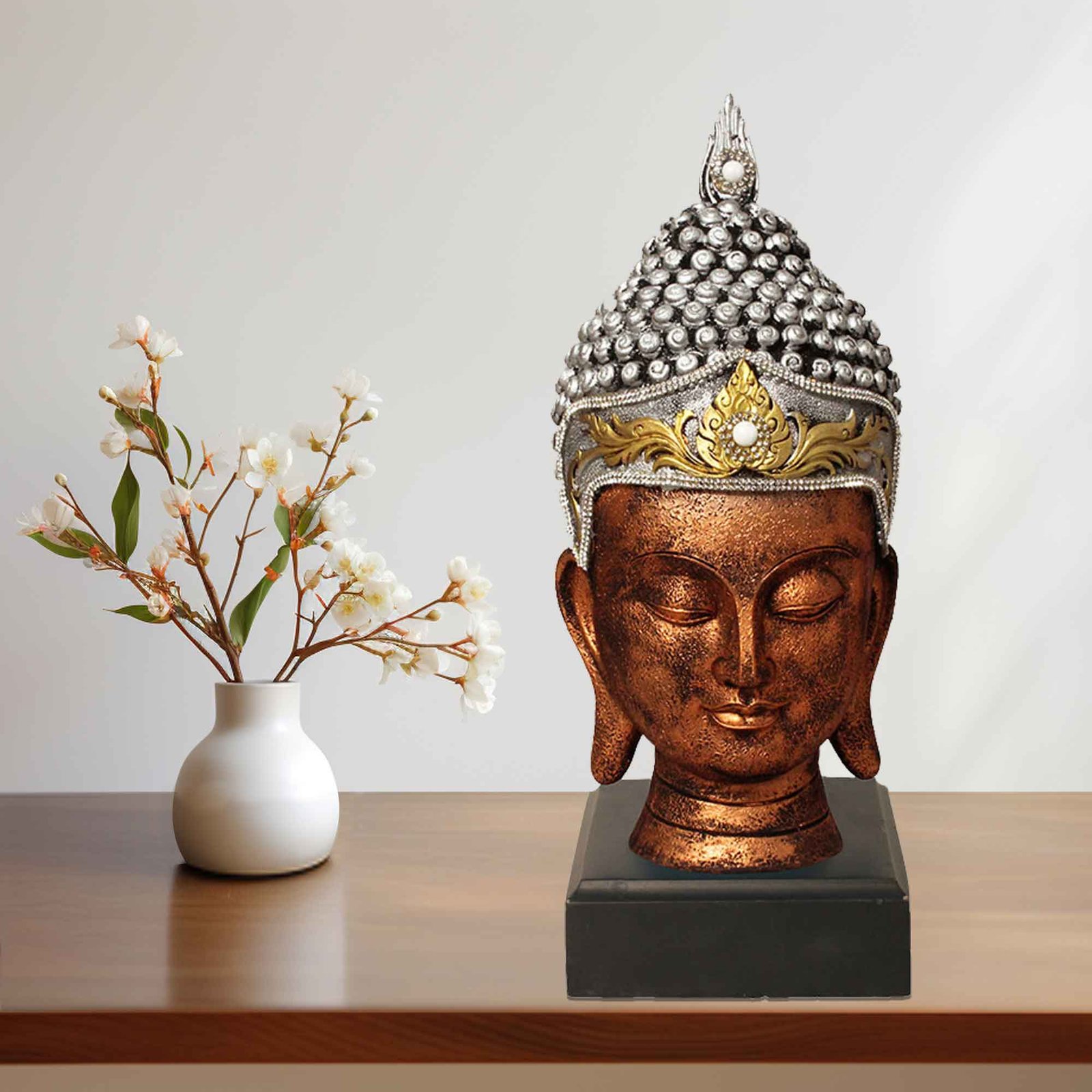 Lord Buddha Face sculpture for tv unit Jewellery Decorated with Wooden Base 25 cm G57GW1066CSNMZ