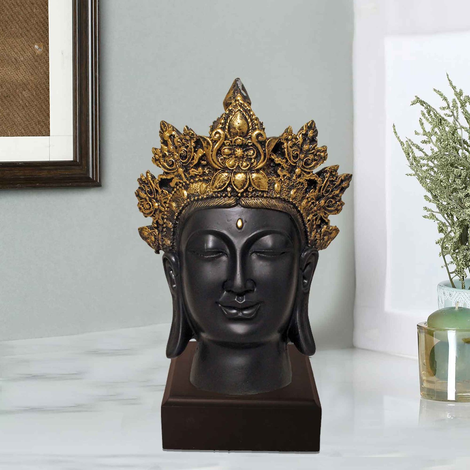 Taj Gautam Buddha Face artifacts for tv unit Glitter Finish with Wooden Base 24 cm G57GW1069KGGMX