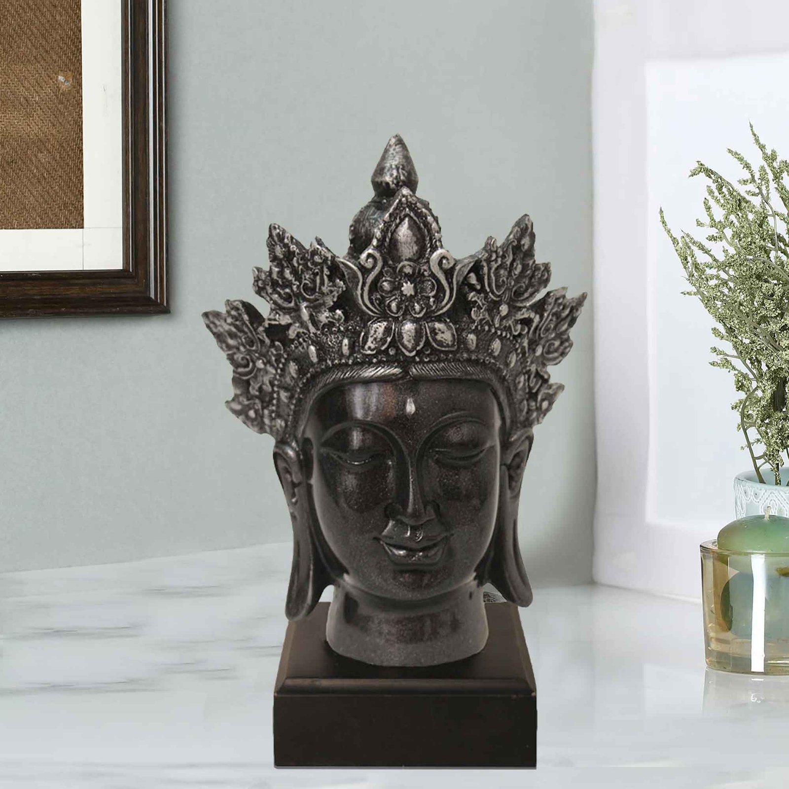 Taj Gautam Buddha Face sculpture for home decoration Silver Antique Finish with Wooden Base 24 cm G57GW1069SSAGX