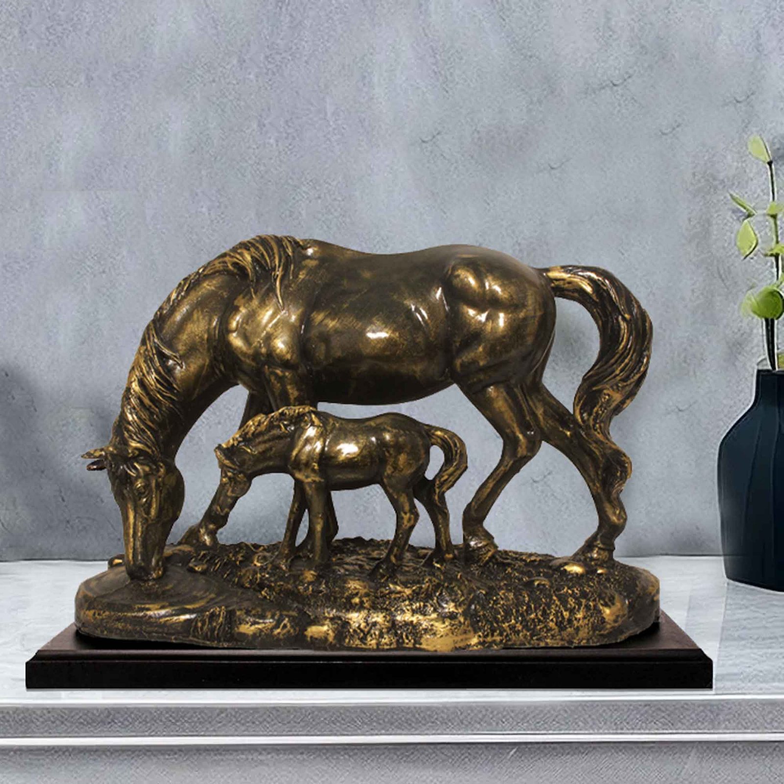 Mother and Baby Horse artifacts for bedroom Brass Antique Finish with Wooden Base 24 cm G57GW1087BBAGX