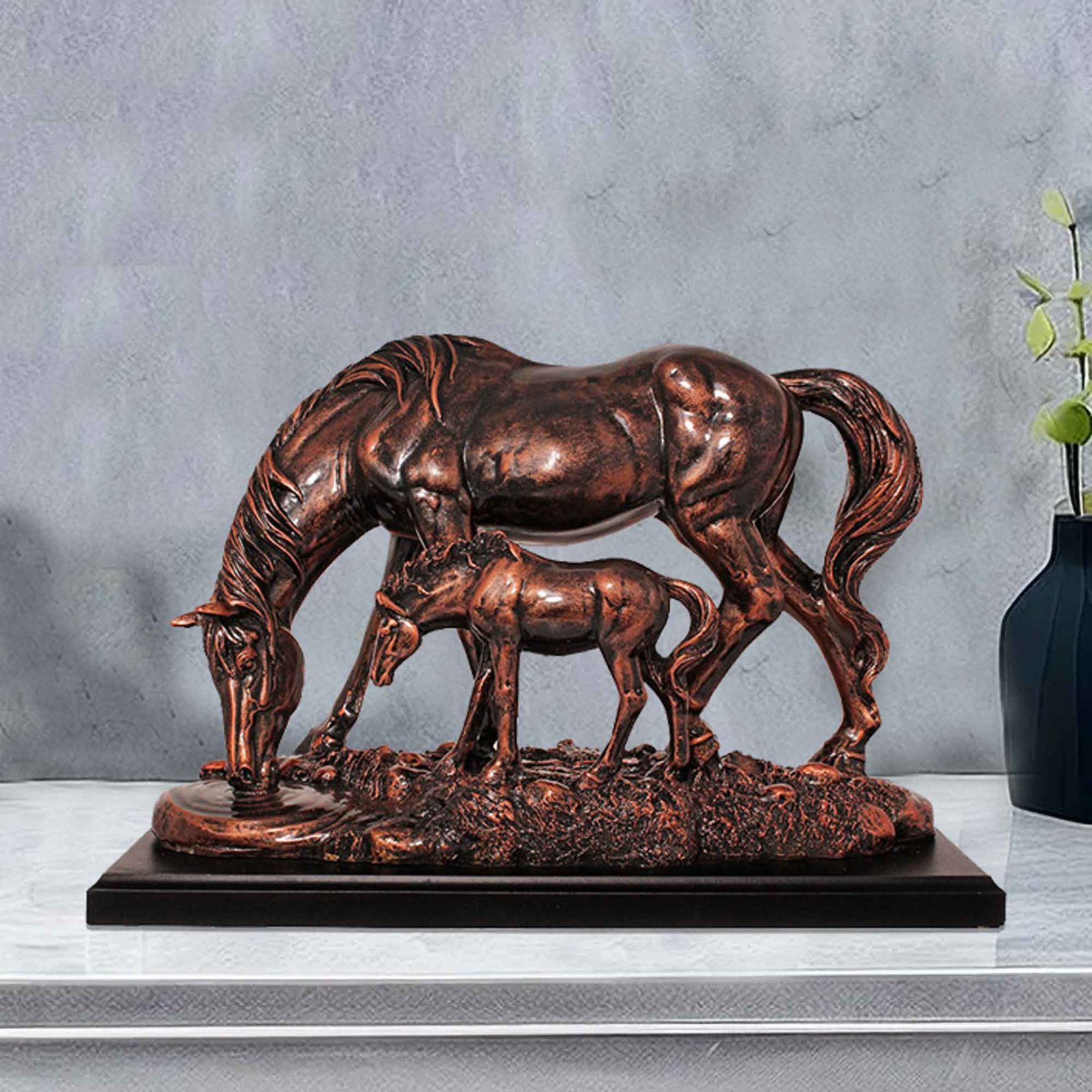 Mother and Baby Horse artifacts for living room Copper Antique Finish with Wooden Base 24 cm G57GW1087CCAGX