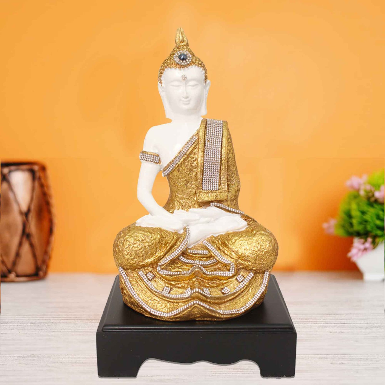 Meditating Gautam Buddha statue for home decor Jewellery Decorated with Wooden Base 30 cm G57GW1089WGGGZ