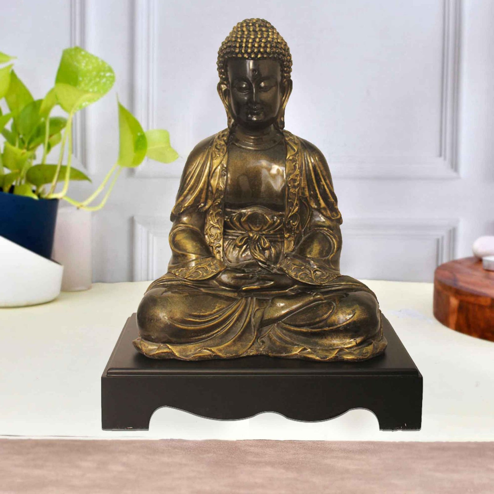 Samadhi Buddha gift items for home decor Brass Antique Finish with Wooden Base 33 cm G57GW1091BBAGX