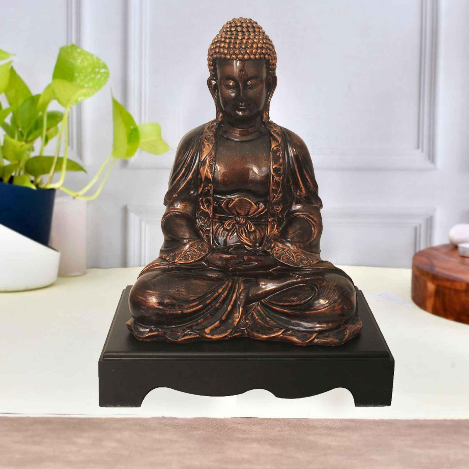 Samadhi Buddha idols for tv unit Copper Antique Finish with Wooden Base 33 cm G57GW1091CCAGX