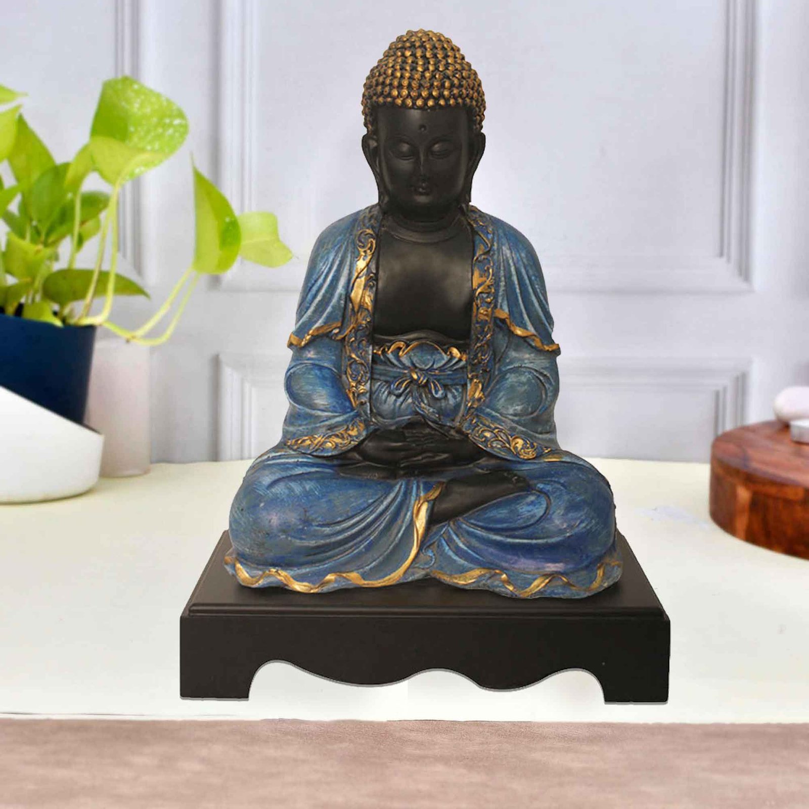 Samadhi Buddha gift items for birthday Multi Look with Wooden Base 33 cm G57GW1091KNMMX