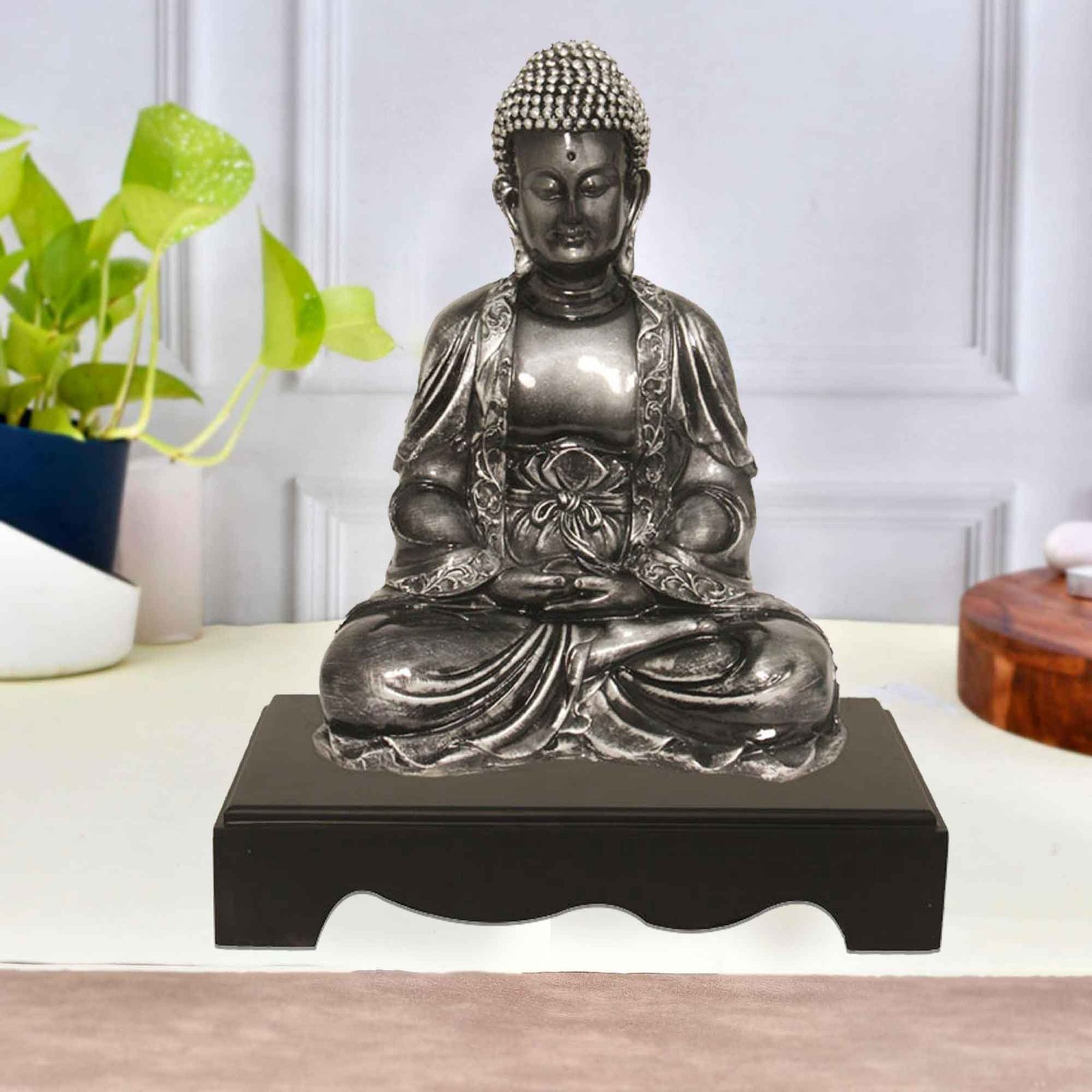 Samadhi Buddha gift items for home inaugration Silver Antique Finish with Wooden Base 33 cm G57GW1091SSAGX