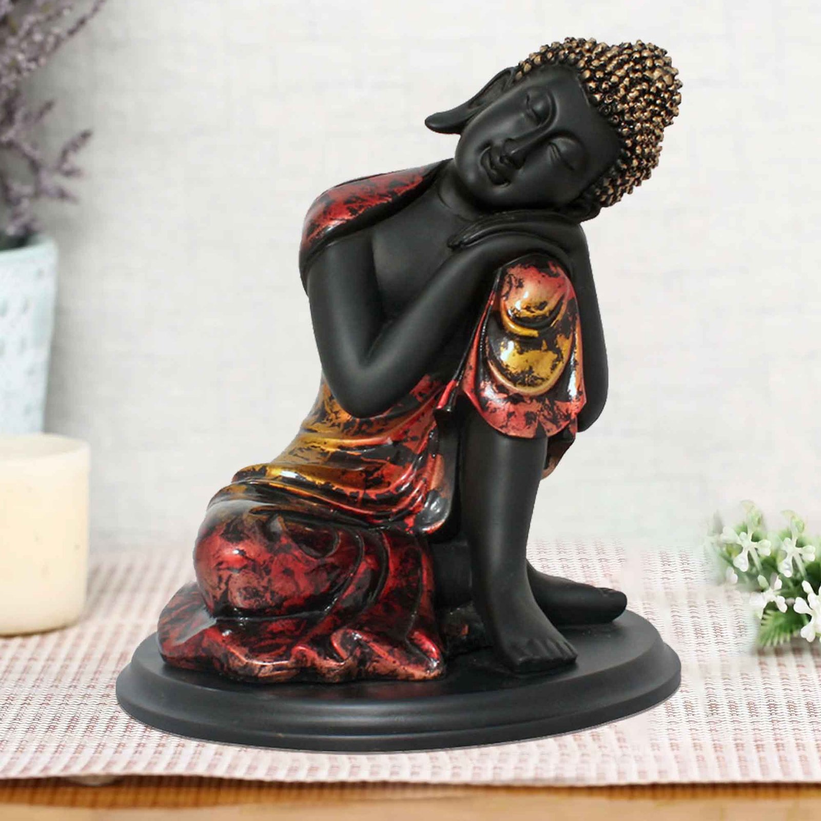 Resting Buddha on Knee figures for decoration Multi Look with Wooden Base 27 cm G57GW1098KRMMX