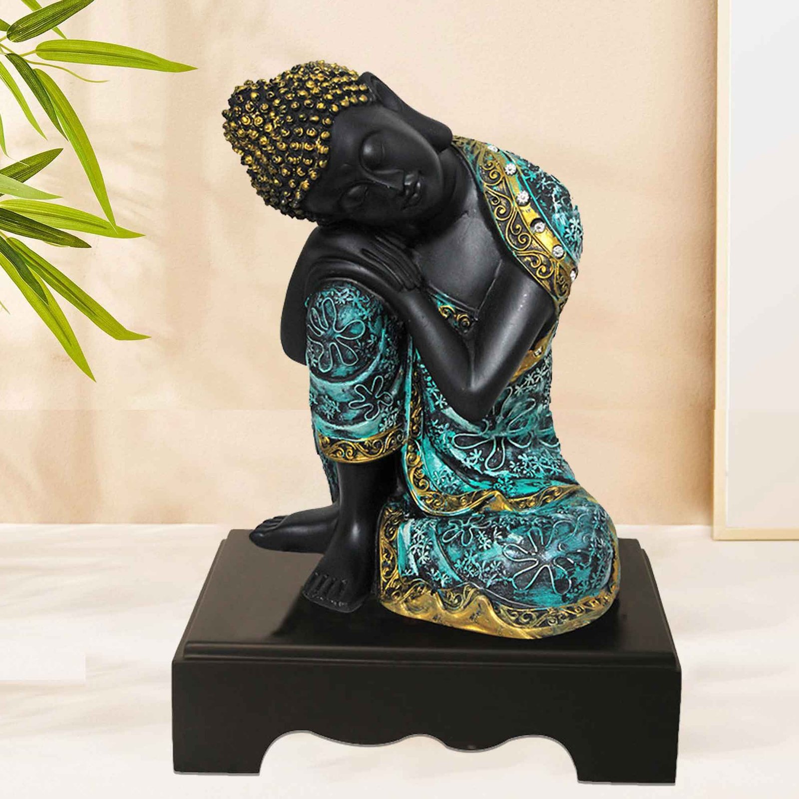 Resting Gautam Buddha sculpture for tv unit Multi Look with Wooden Base 28 cm G57GW1100KNMMX