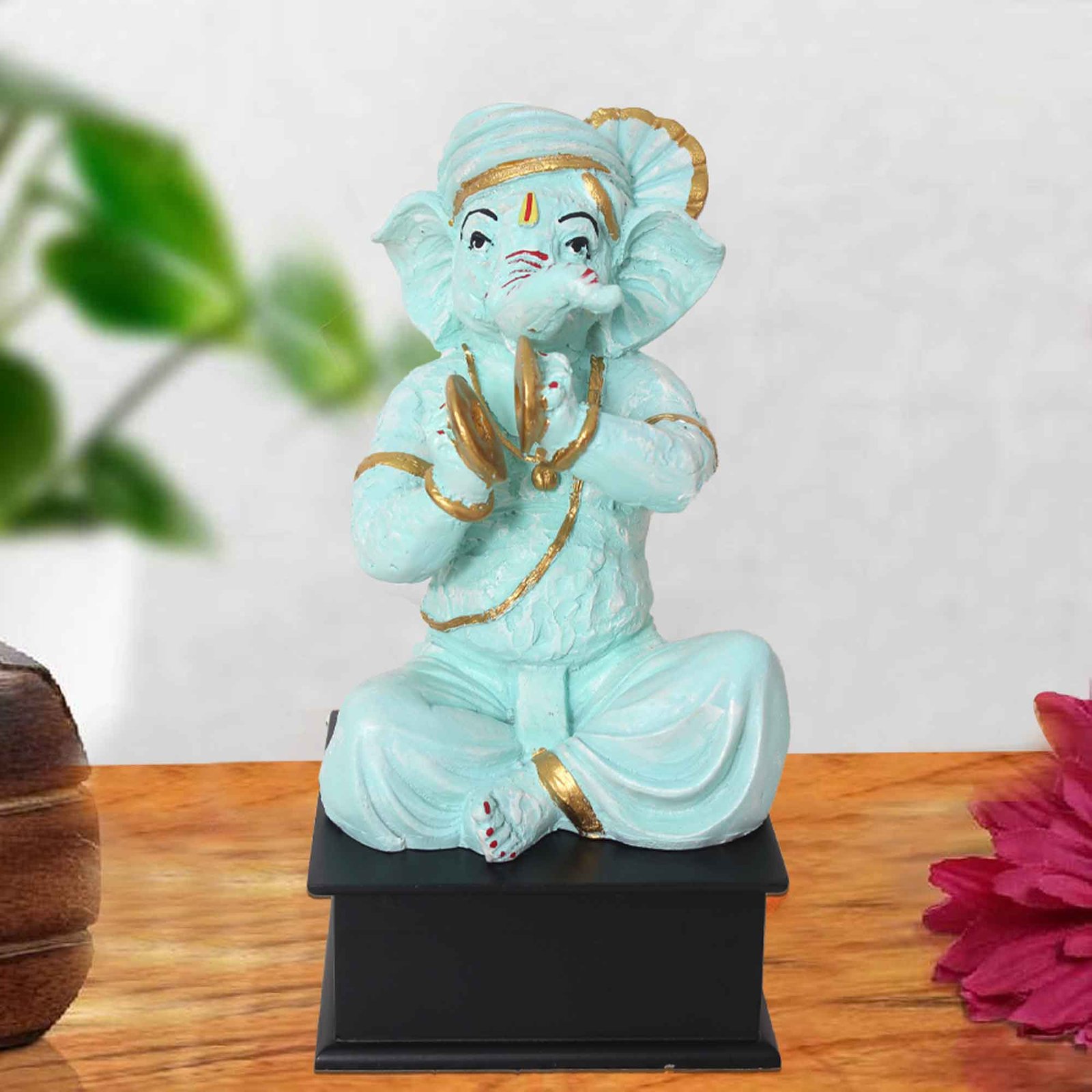 Lord Manjeera Ganesha showpiece for home decor living room Matte Finish with Wooden Base 30 cm G57GW1104HHLMX