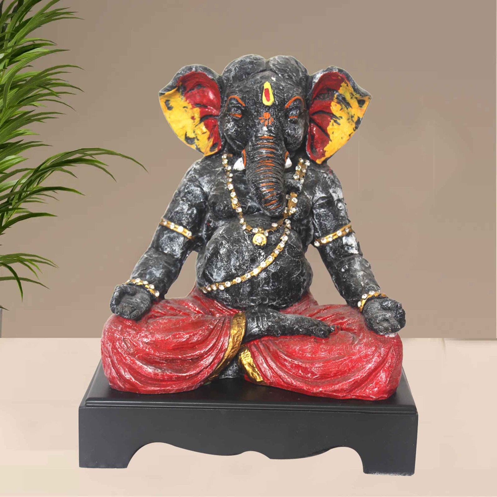 Meditating Lord Ganesh gift items for house warming Jewellery Decorated with Wooden Base 28 cm G57GW1115FRLMZ