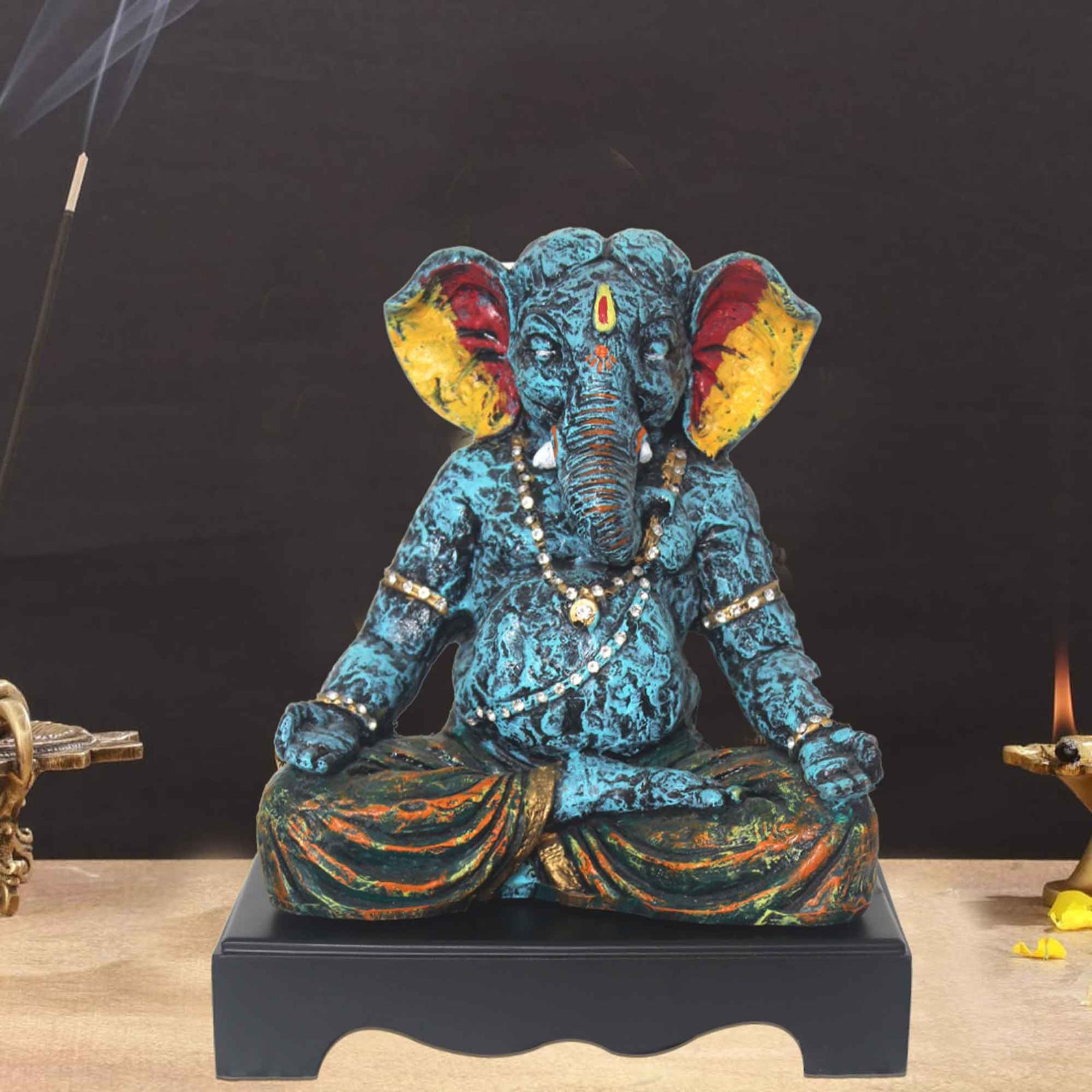 Meditating Lord Ganesh fengshui items for home decor Jewellery Decorated with Wooden Base 28 cm G57GW1115NHLMZ
