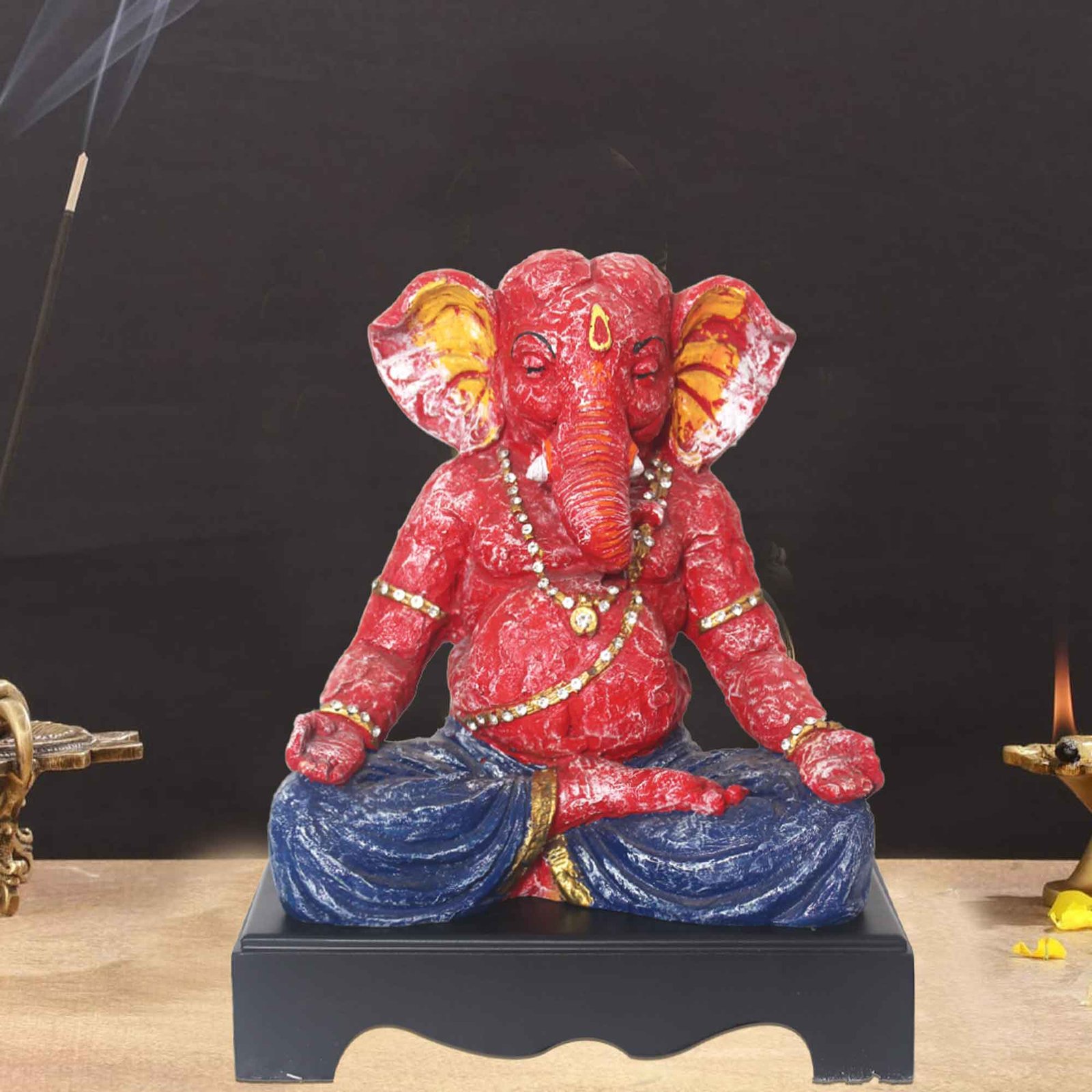 Meditating Lord Ganesh gift items for home inaugration Jewellery Decorated with Wooden Base 28 cm G57GW1115RNLMZ
