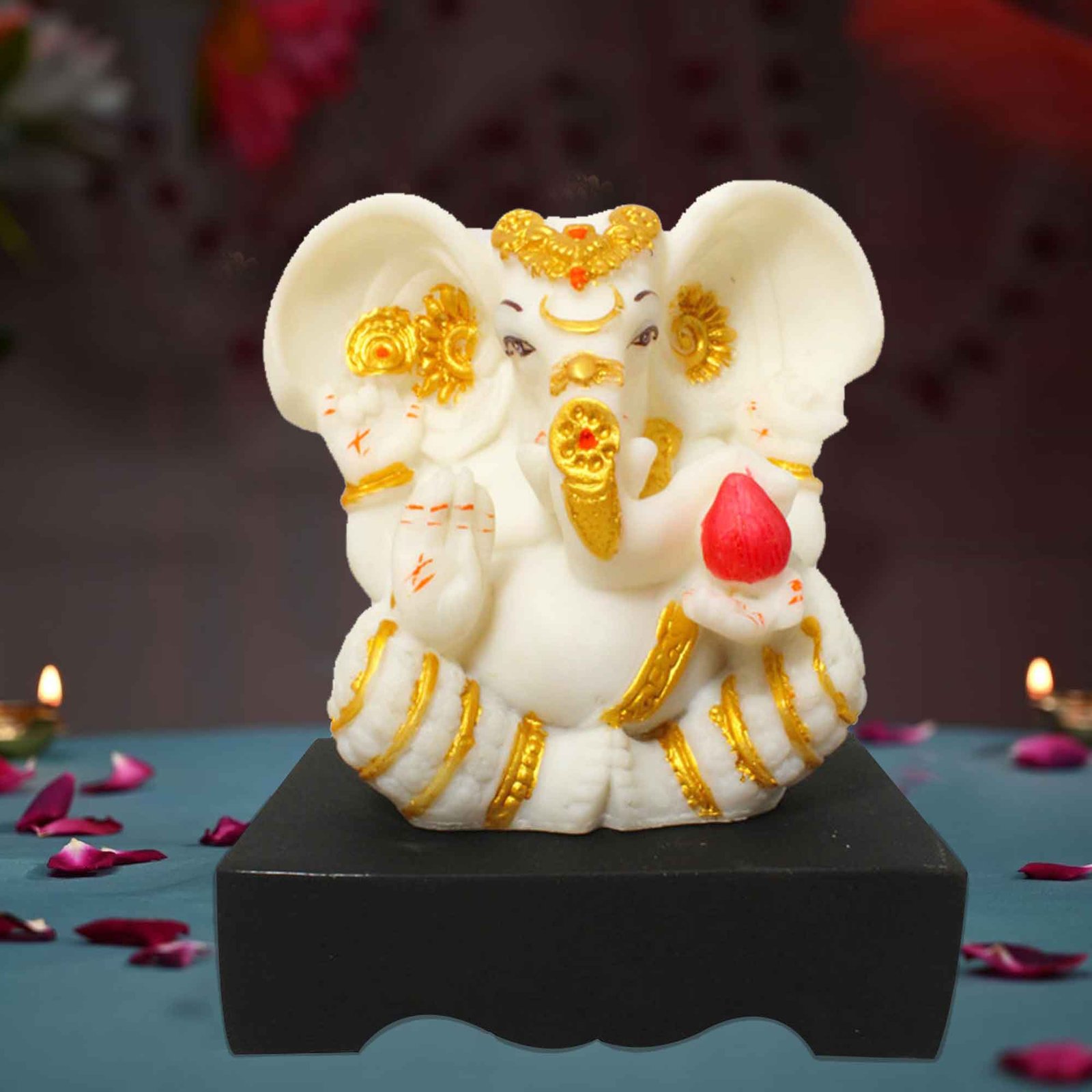 Handicraft Ganesha miniature decorative items Marble Look with Wooden Base 22 cm G57GW1121WGCMX