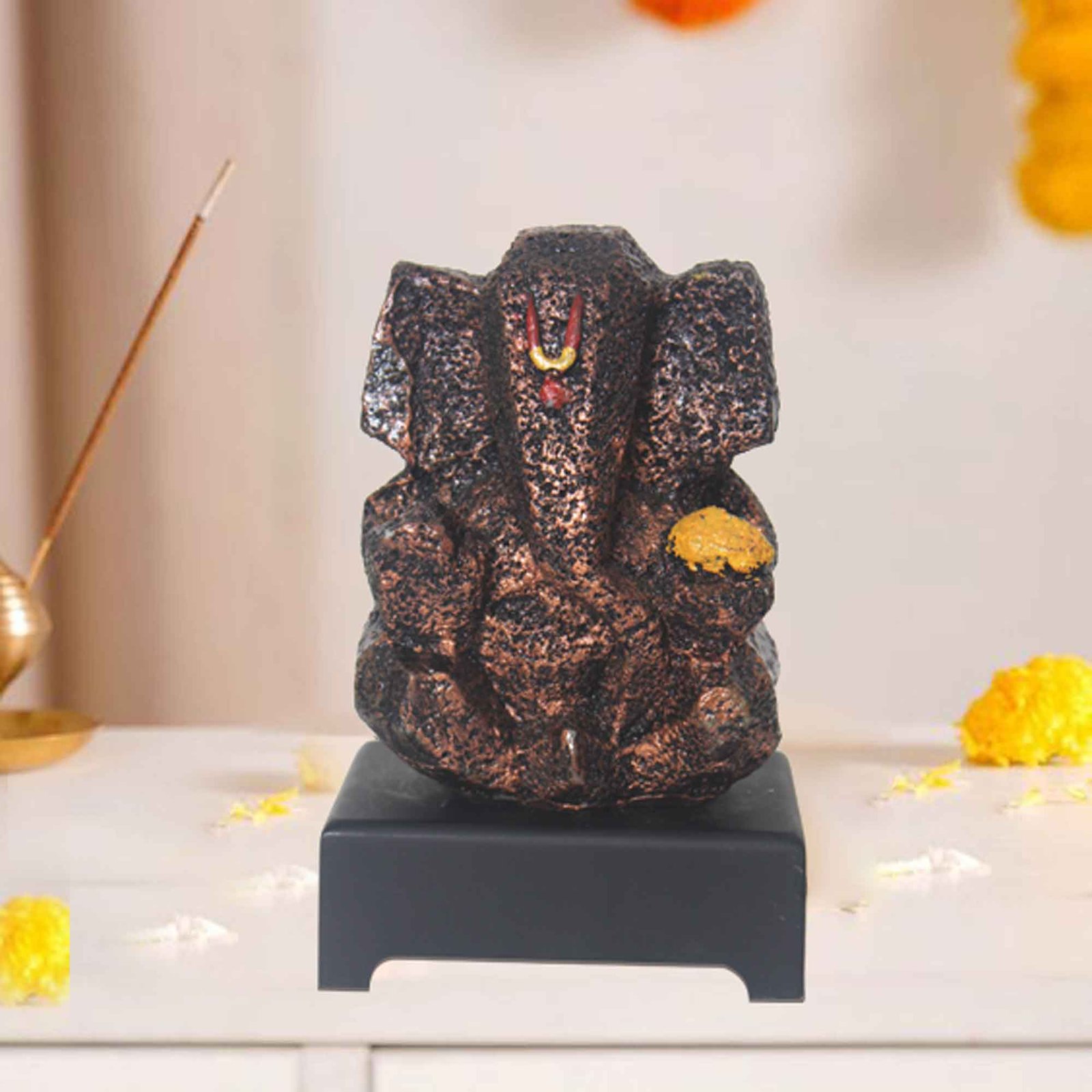 Bal Laddu Ganesha sculpture for living room Copper Antique Finish with Wooden Base 17 cm G57GW1249CCAGX
